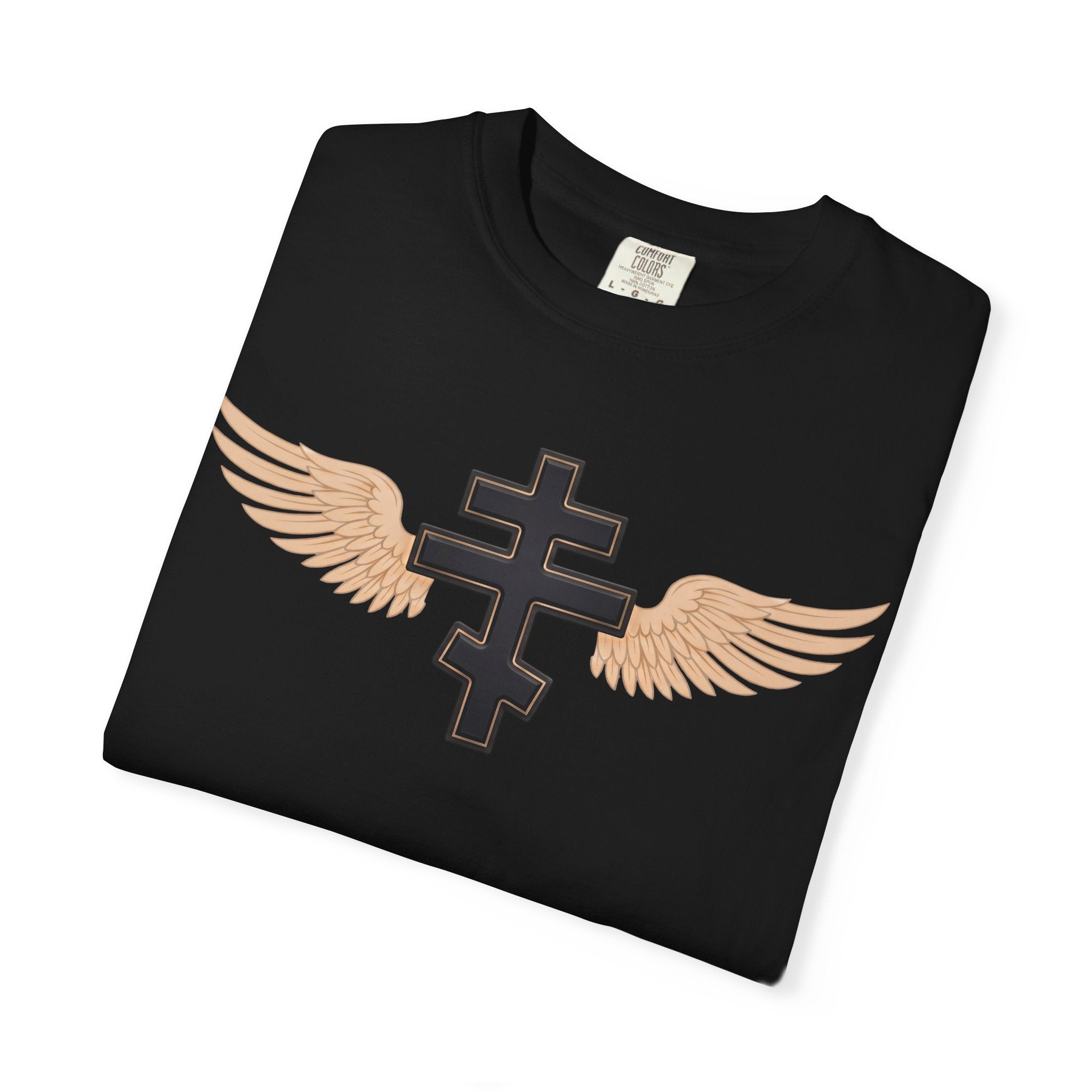 Classic black winged classic Orthodox cross design on a heavyweight garment-dyed t-shirt