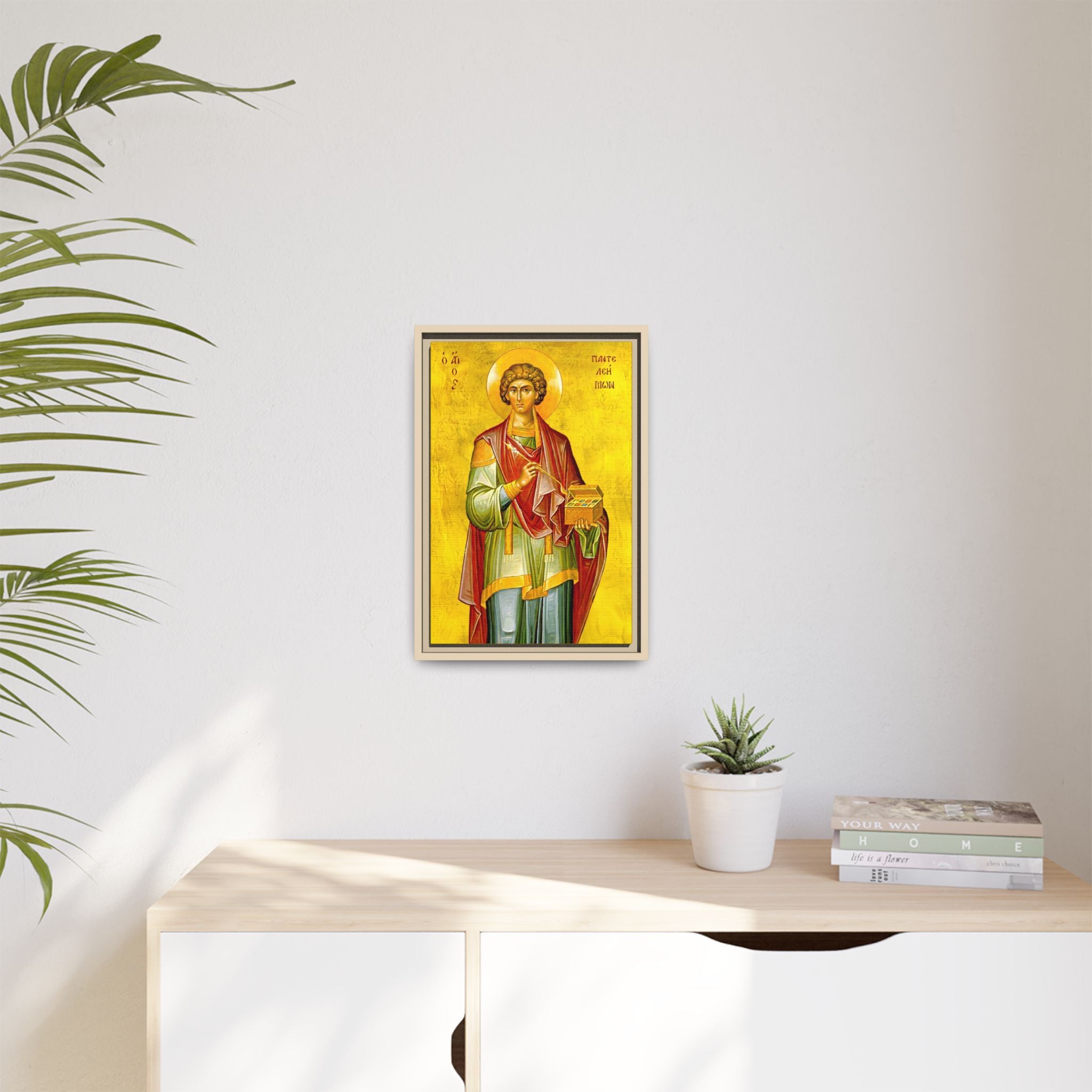 Framed canvas icon of Saint Panteleimon the Healer, traditional Orthodox Christian artwork