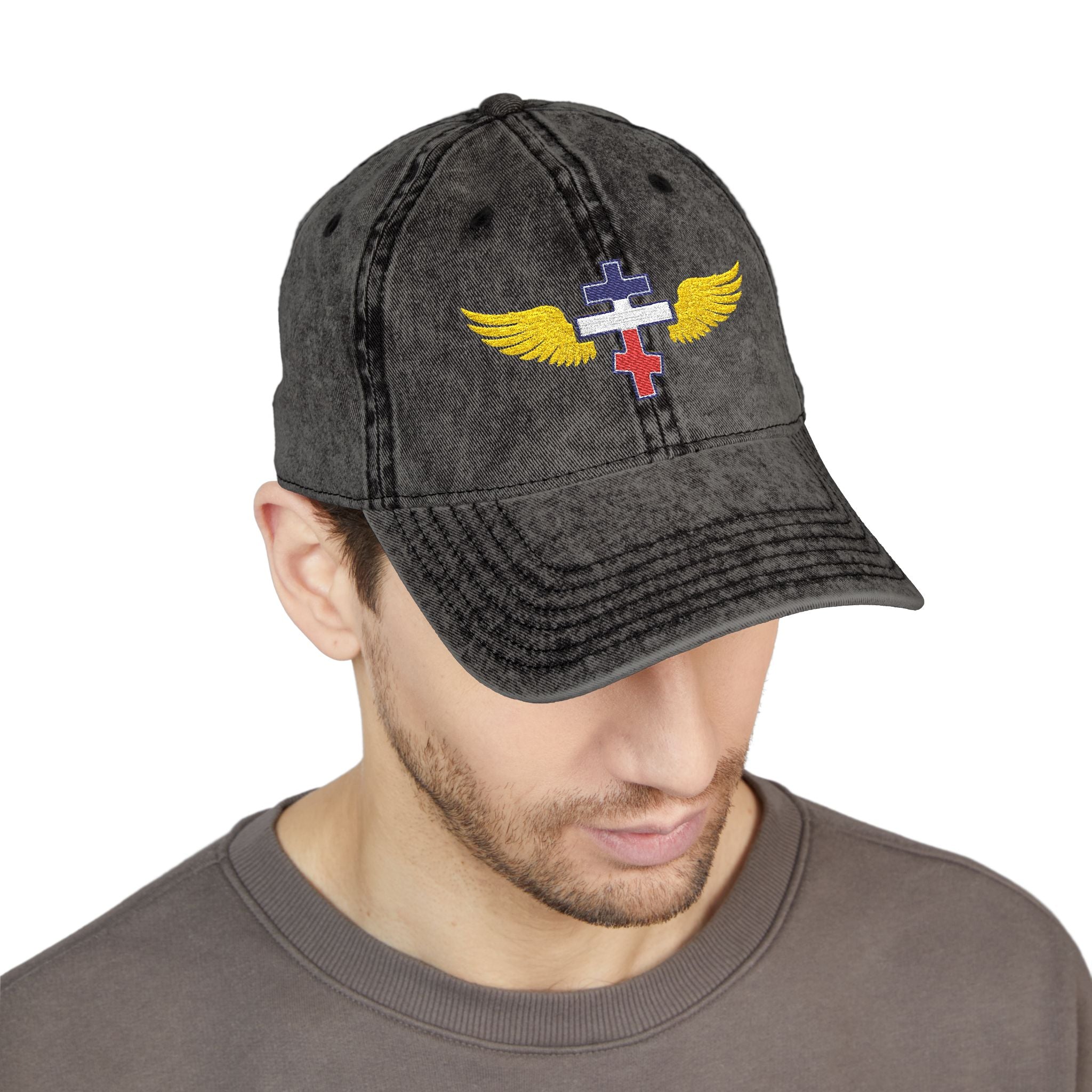 French Orthodox cross with wings embroidered on vintage cotton twill cap -- additional view 10