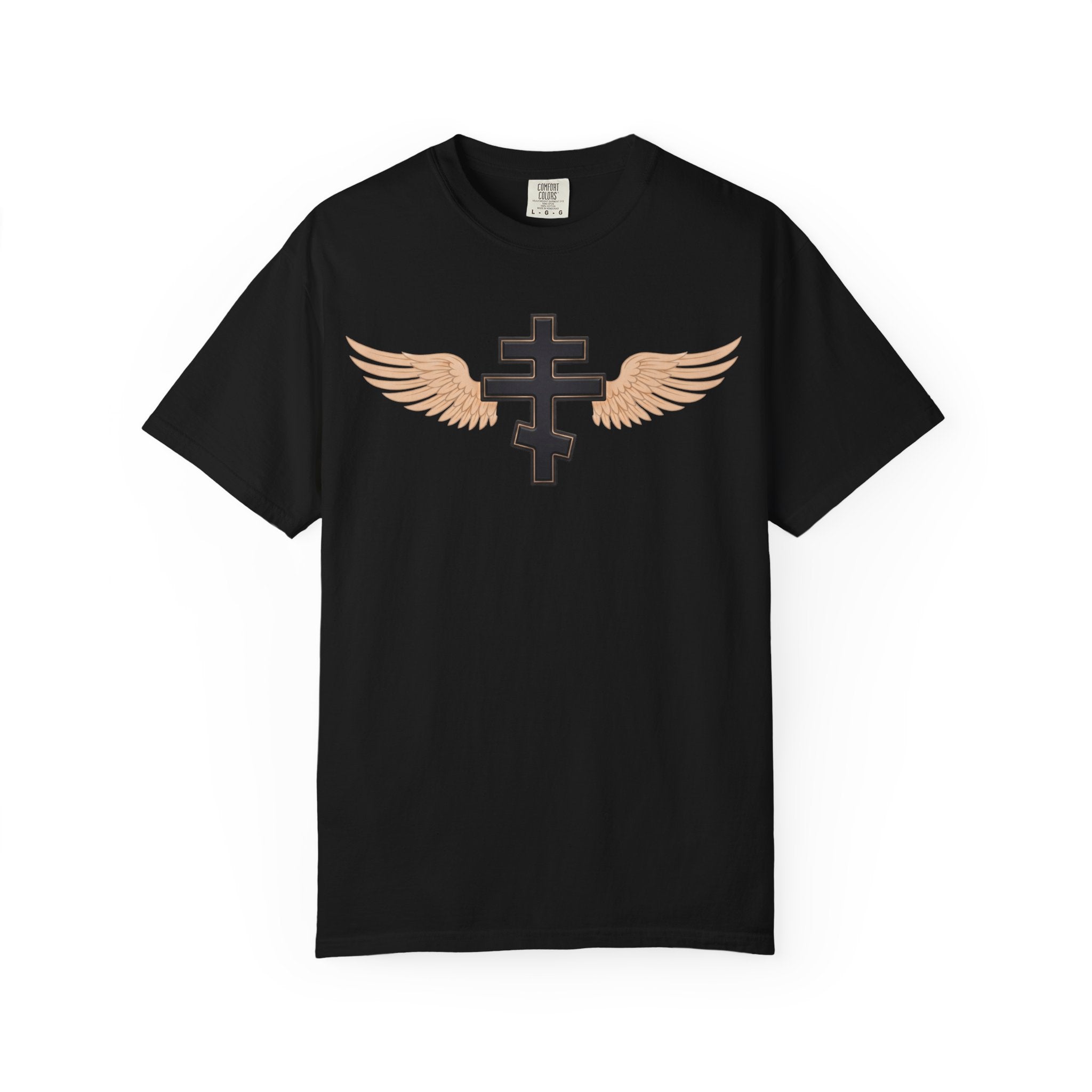 Classic black winged classic Orthodox cross design on a heavyweight garment-dyed t-shirt
