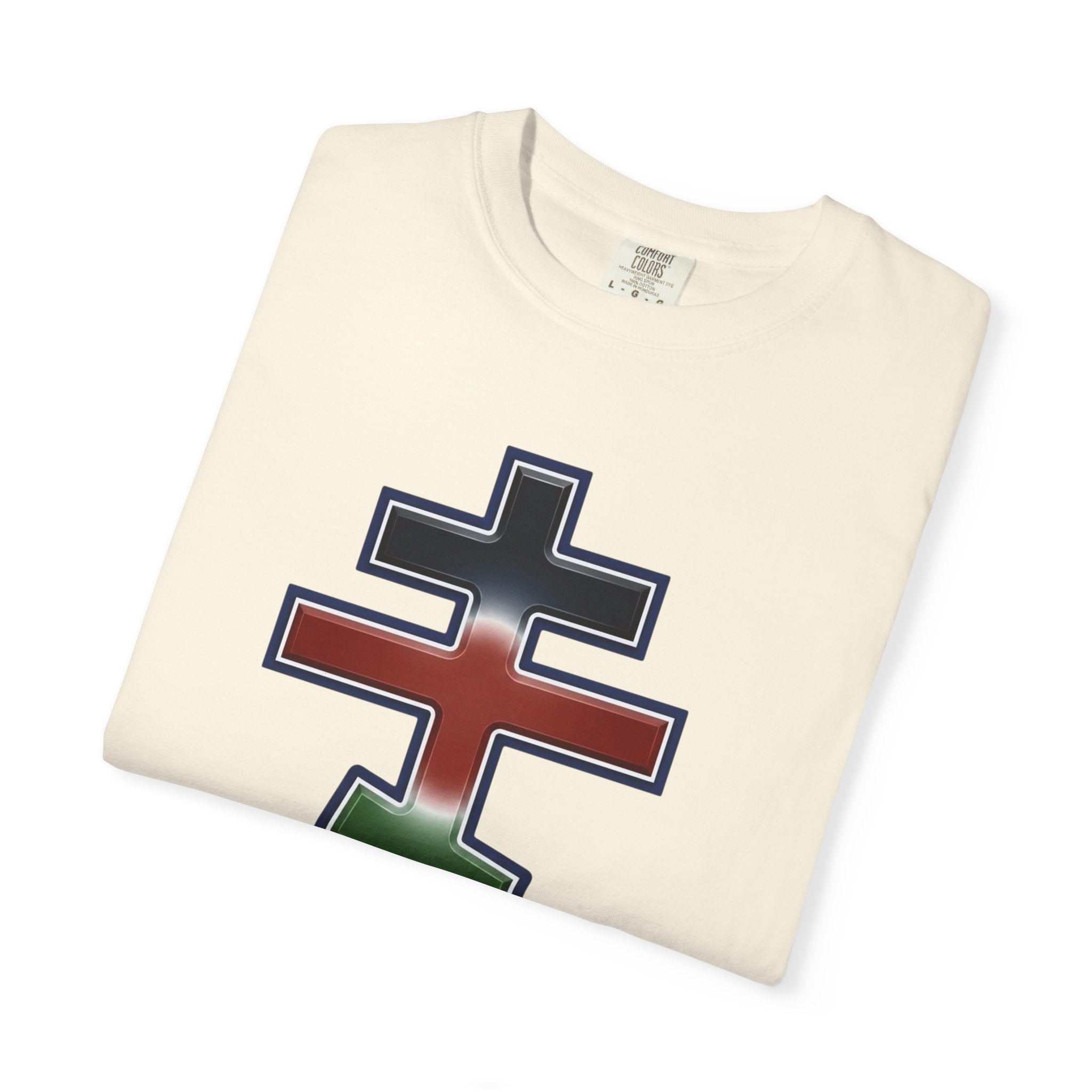 Kenyan Orthodox Cross design on a heavyweight garment-dyed t-shirt