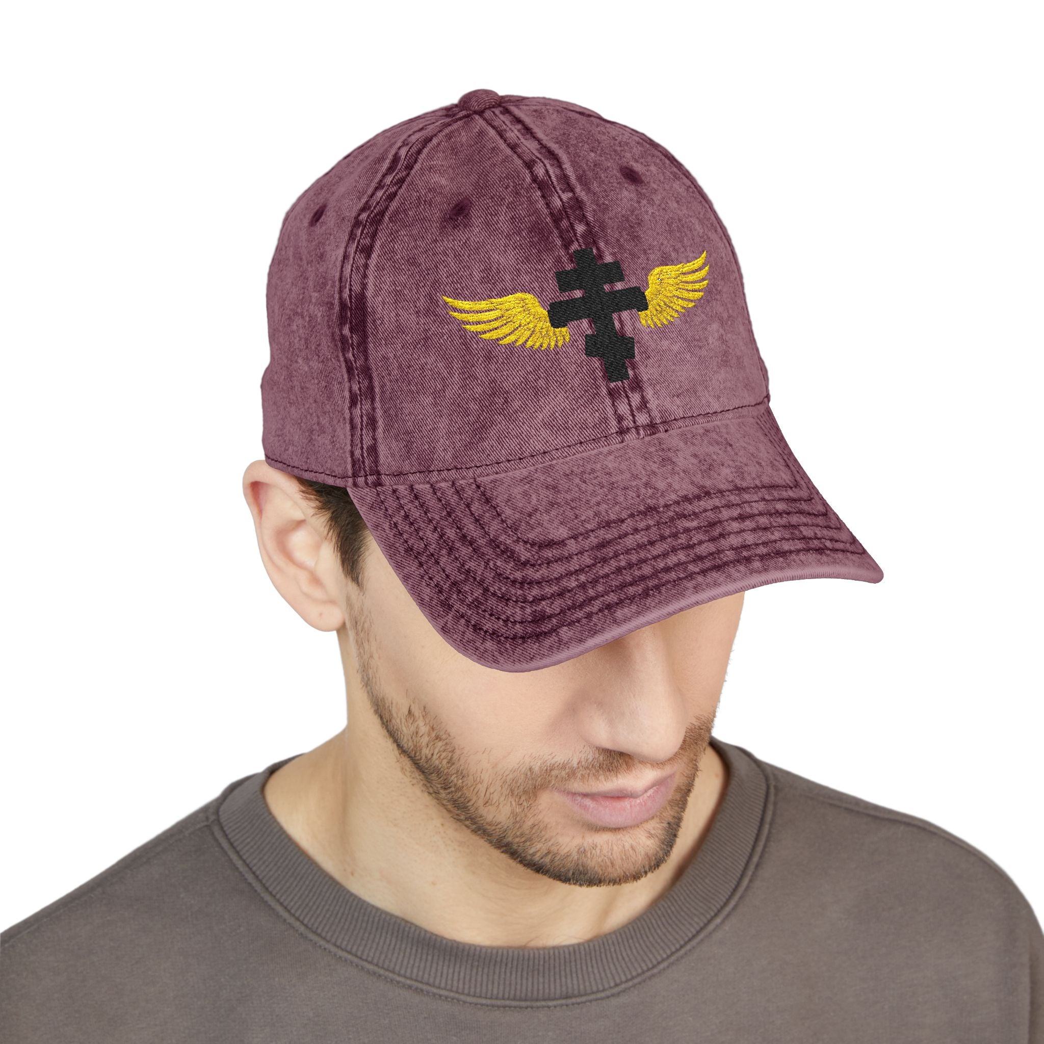 Black Orthodox cross with wings embroidered on vintage cotton twill cap -- additional view 16