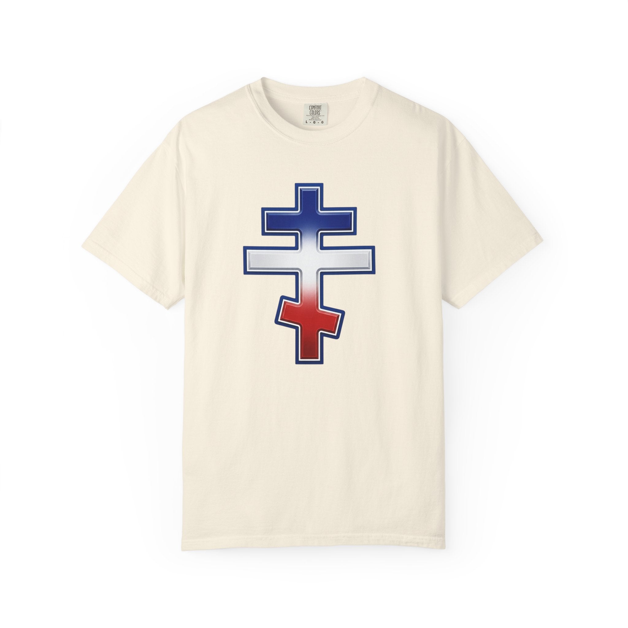 French Orthodox Cross design on a heavyweight garment-dyed t-shirt