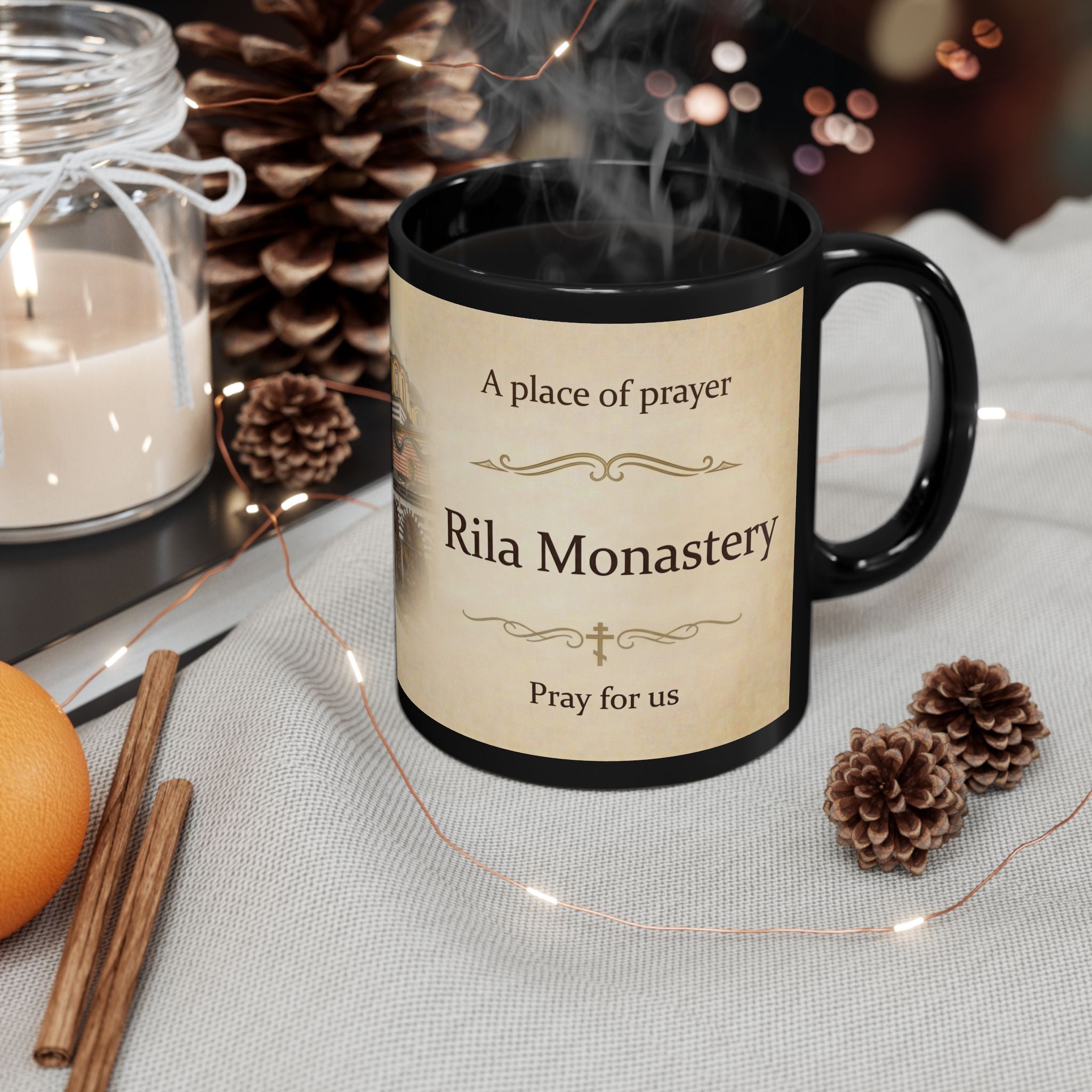 Rila Monastery Orthodox Christian Black Coffee Mug — Christian Gift Idea