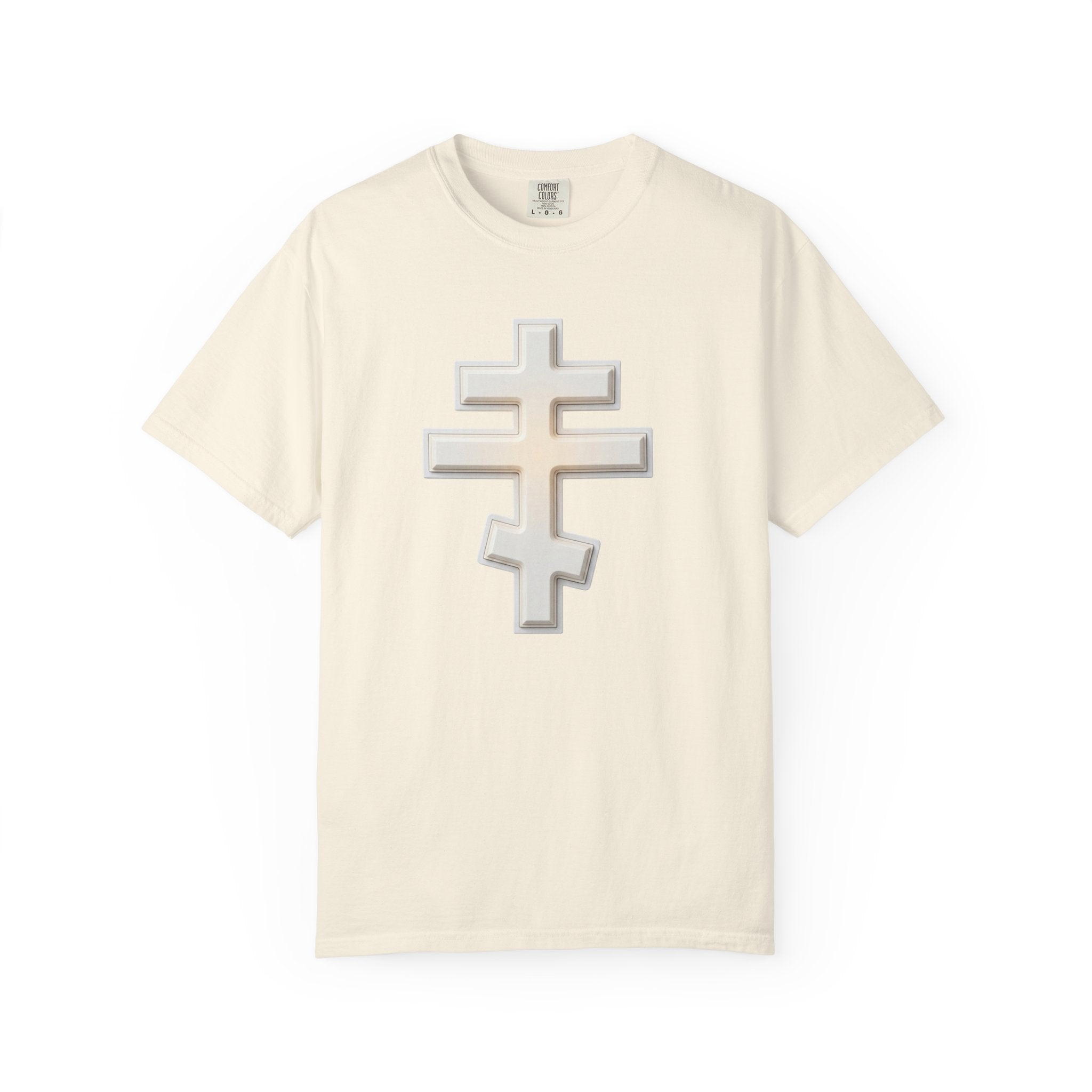 Classic white classic Orthodox cross design on a heavyweight garment-dyed t-shirt
