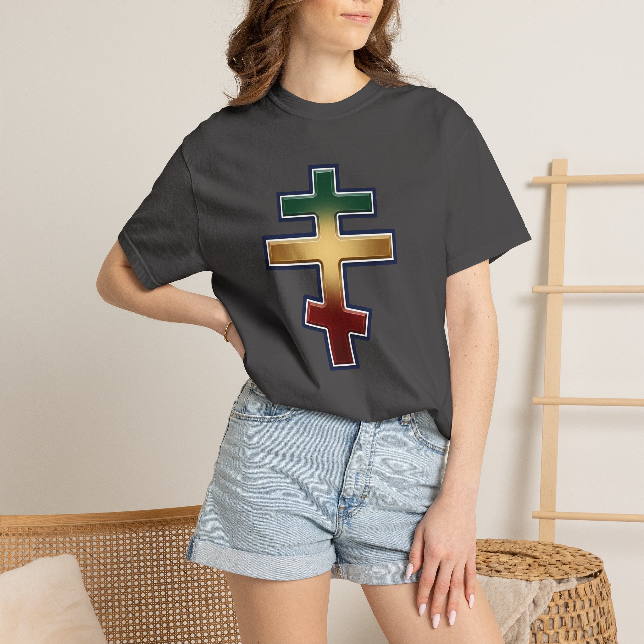 Ethiopian Orthodox Cross design on a heavyweight garment-dyed t-shirt
