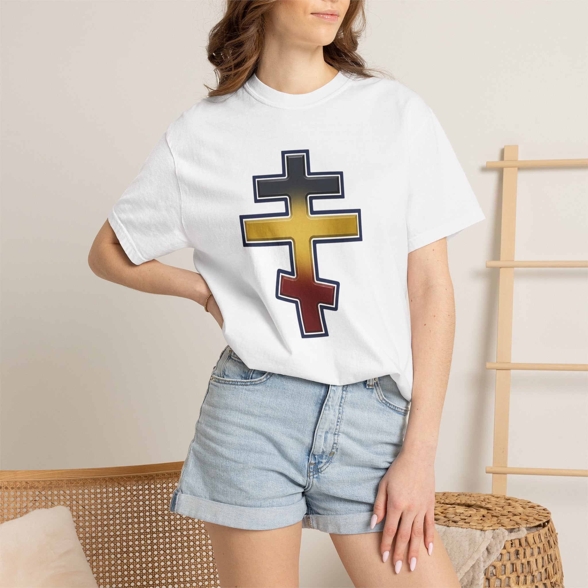 Ugandan Orthodox Cross design on a heavyweight garment-dyed t-shirt