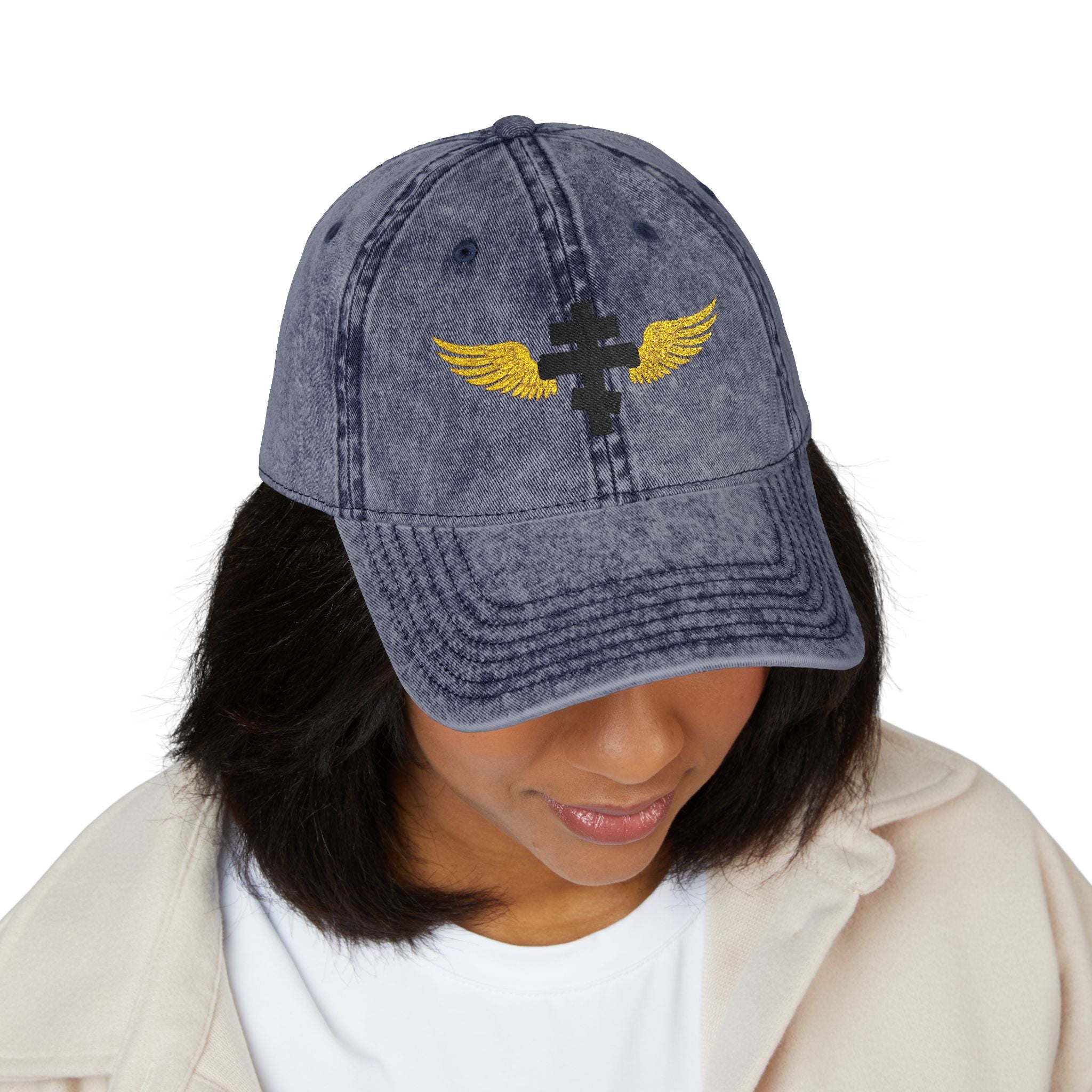 Black Orthodox cross with wings embroidered on vintage cotton twill cap -- additional view 12