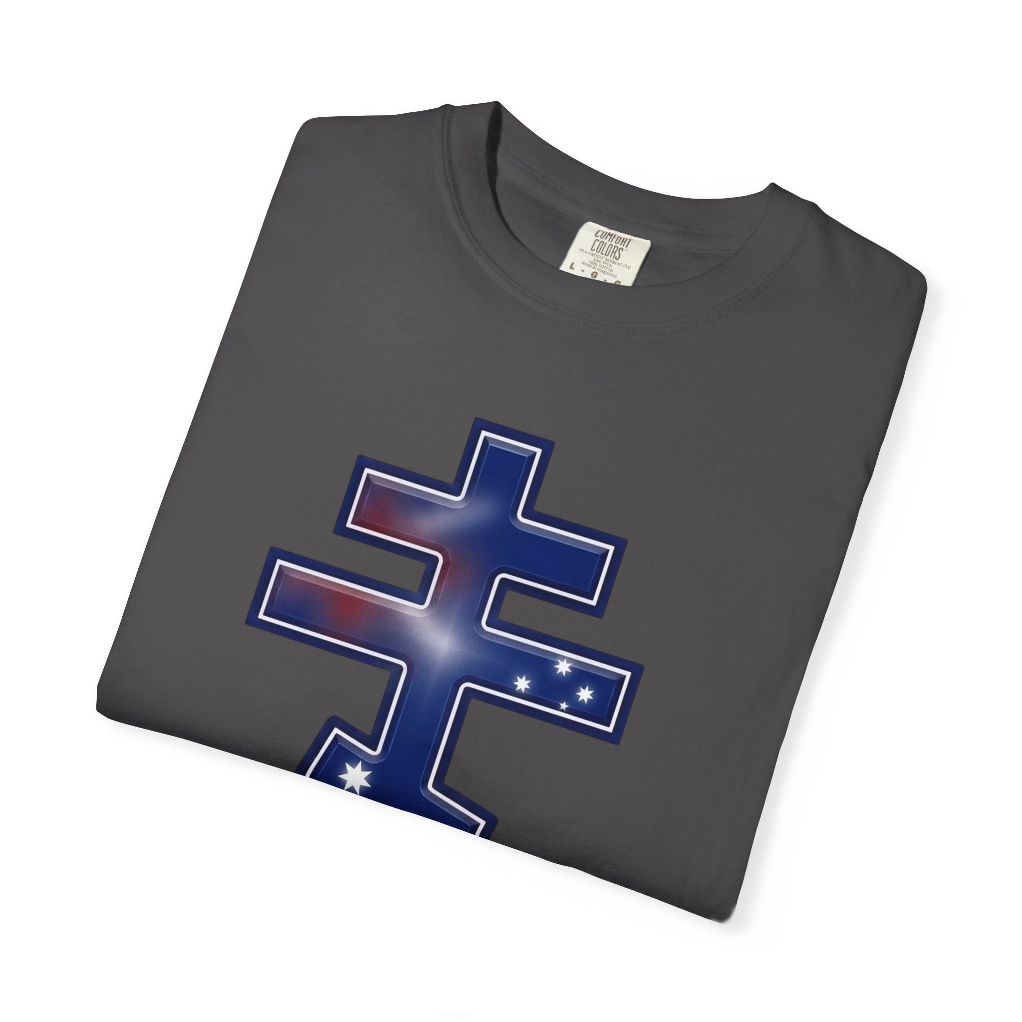 Australian Orthodox Cross design on a heavyweight garment-dyed t-shirt
