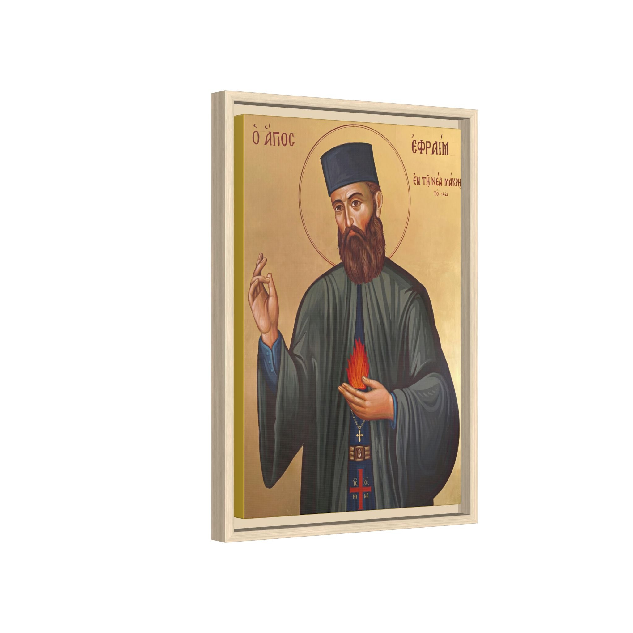 Framed canvas icon of Saint Ephraim of Nea Makri, traditional Orthodox Christian artwork