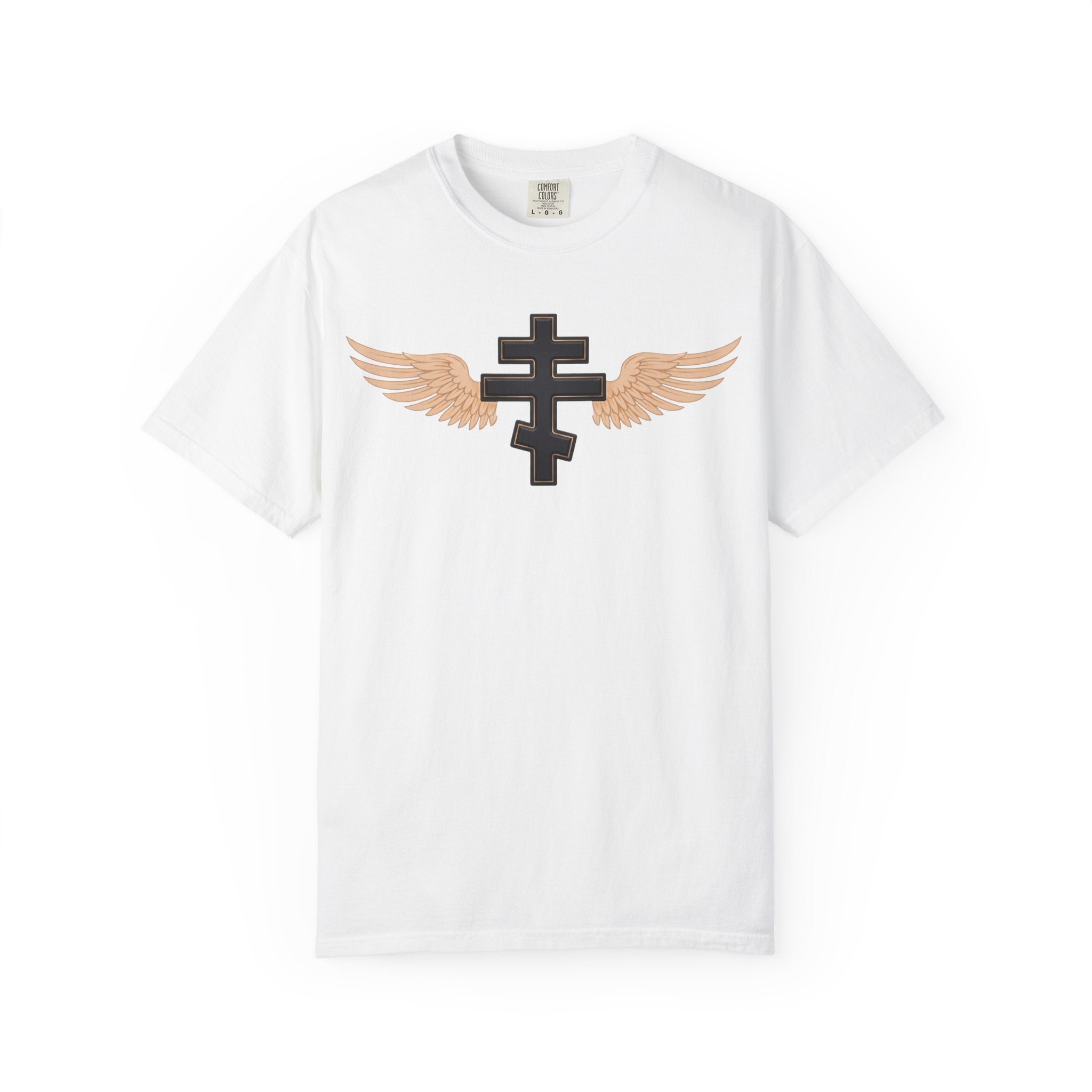 Classic black winged classic Orthodox cross design on a heavyweight garment-dyed t-shirt