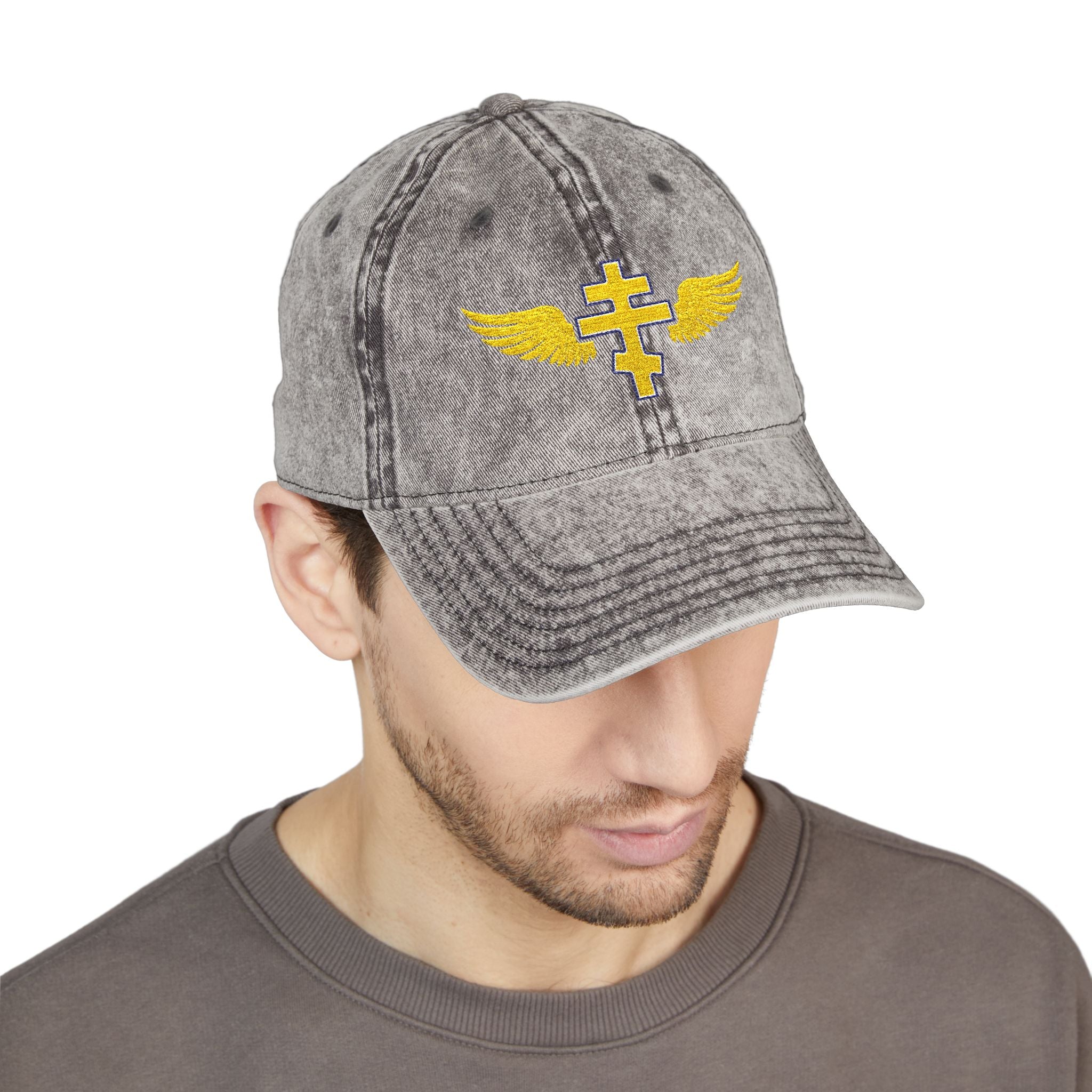 Cypriot Orthodox cross with wings embroidered on vintage cotton twill cap -- additional view 10