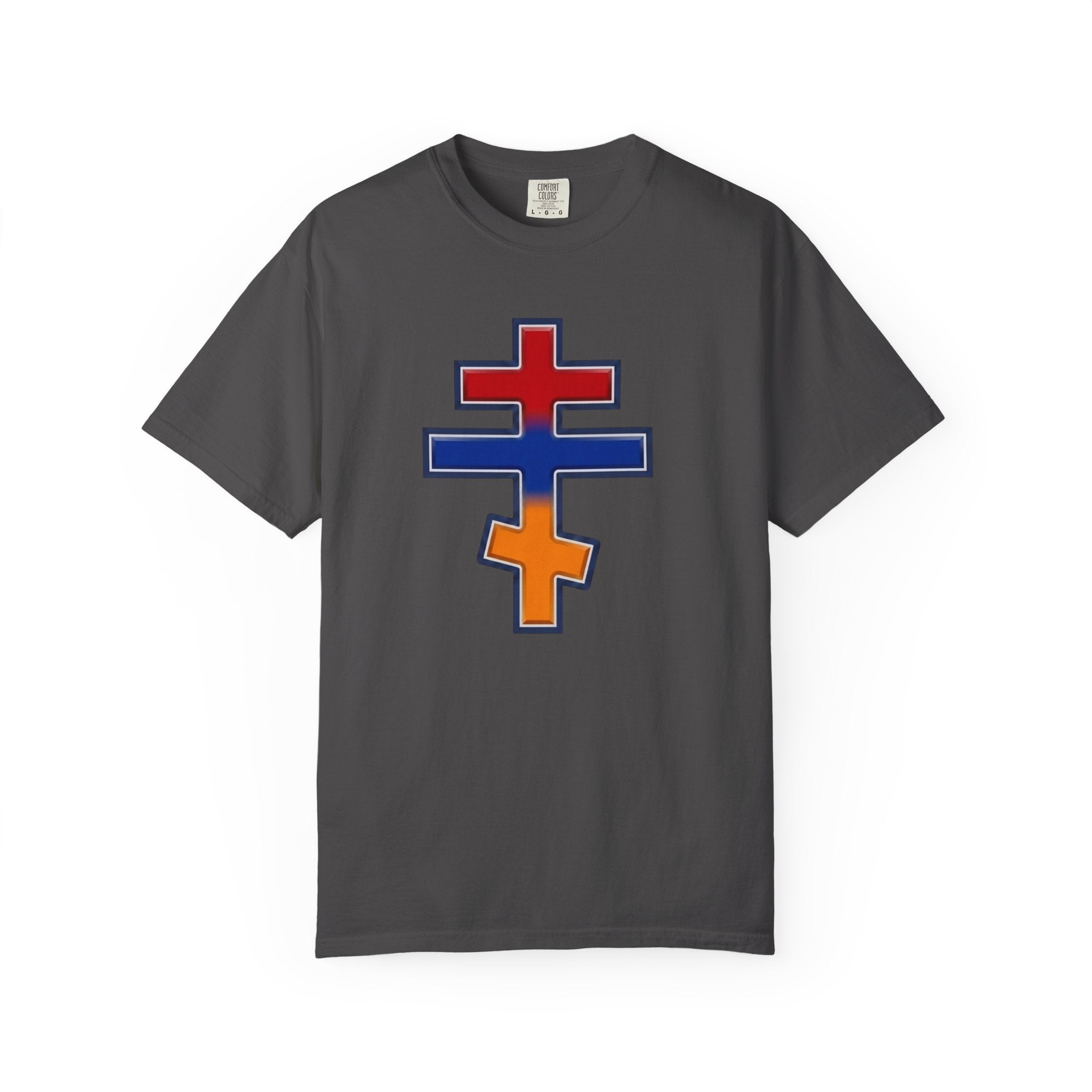 Armenian Orthodox Cross design on a heavyweight garment-dyed t-shirt