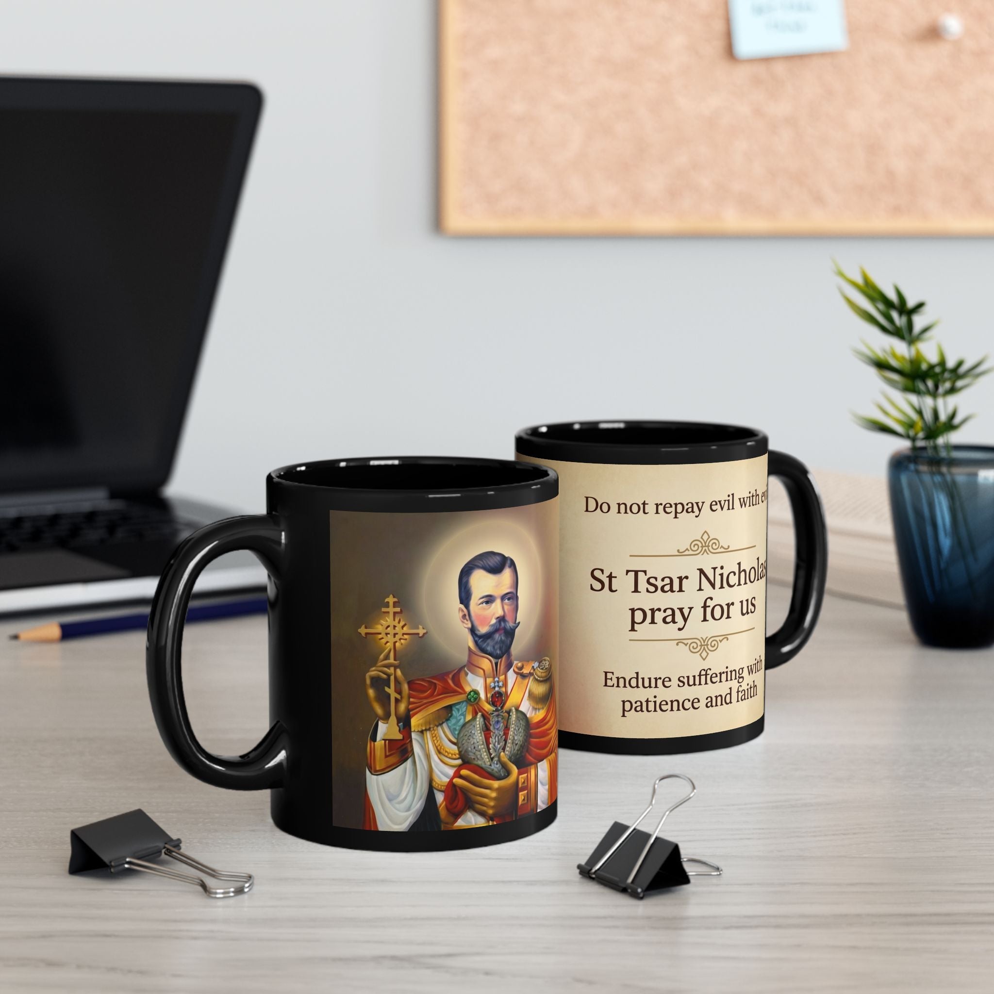 Saint Tsar Nicholas II Orthodox Christian Black Coffee Mug — Christian Gift Idea
