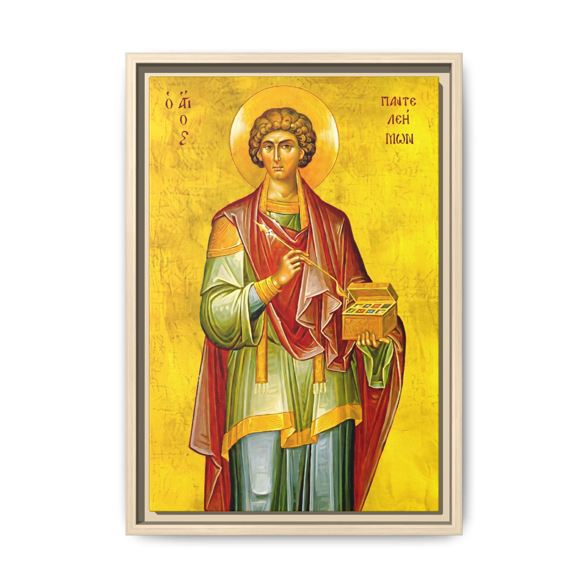 Framed canvas icon of Saint Panteleimon the Healer, traditional Orthodox Christian artwork