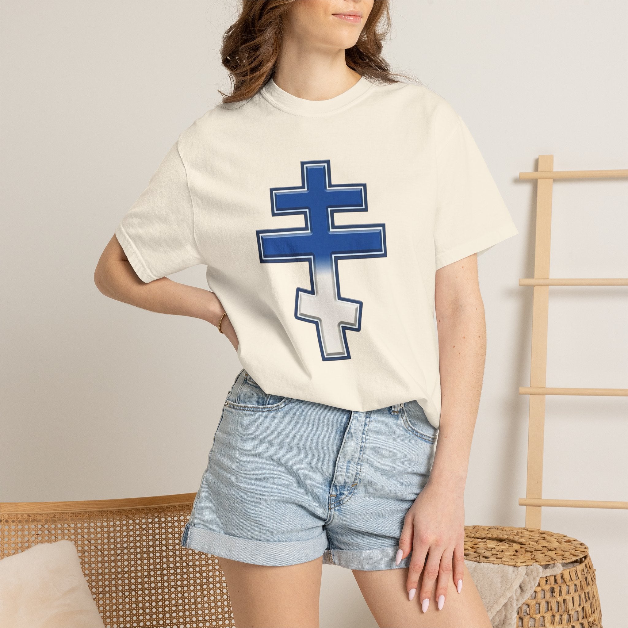 Greek Orthodox Cross design on a heavyweight garment-dyed t-shirt