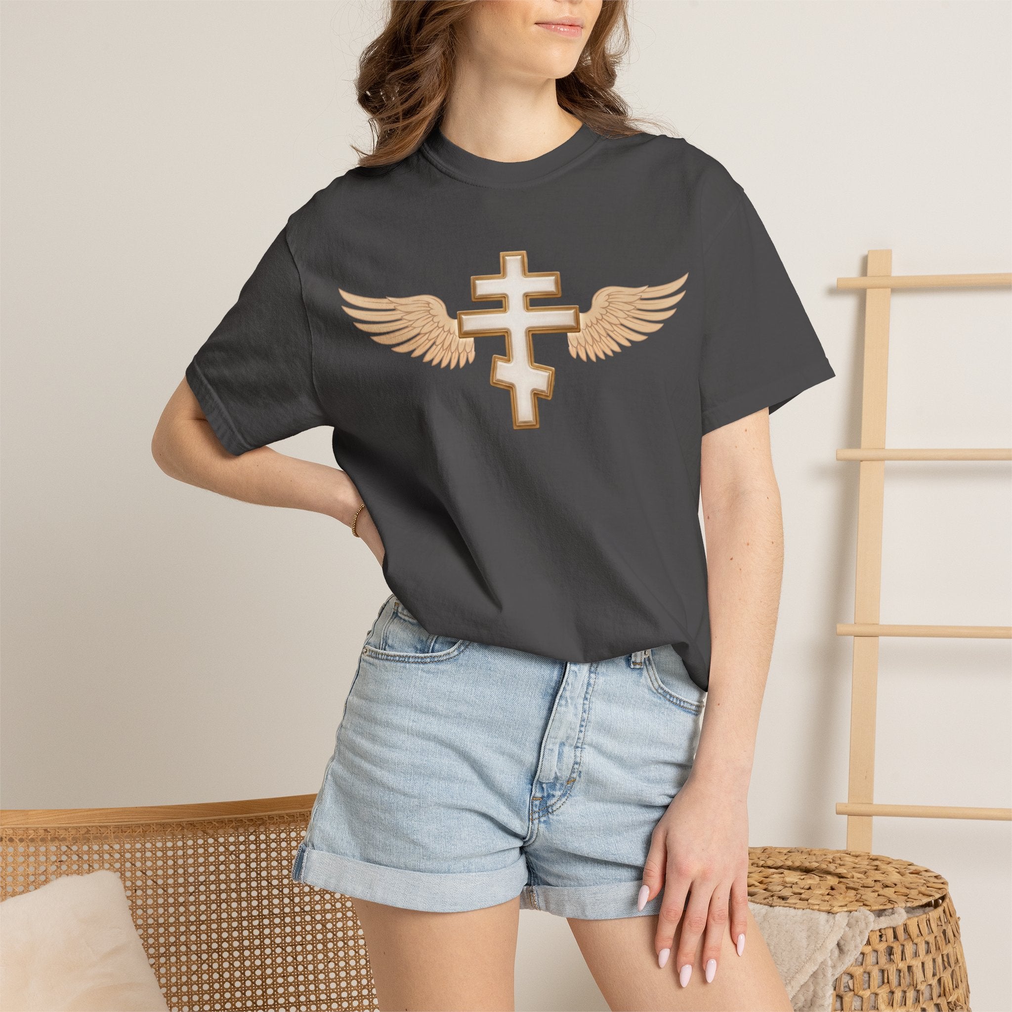 Classic white winged classic Orthodox cross design on a heavyweight garment-dyed t-shirt