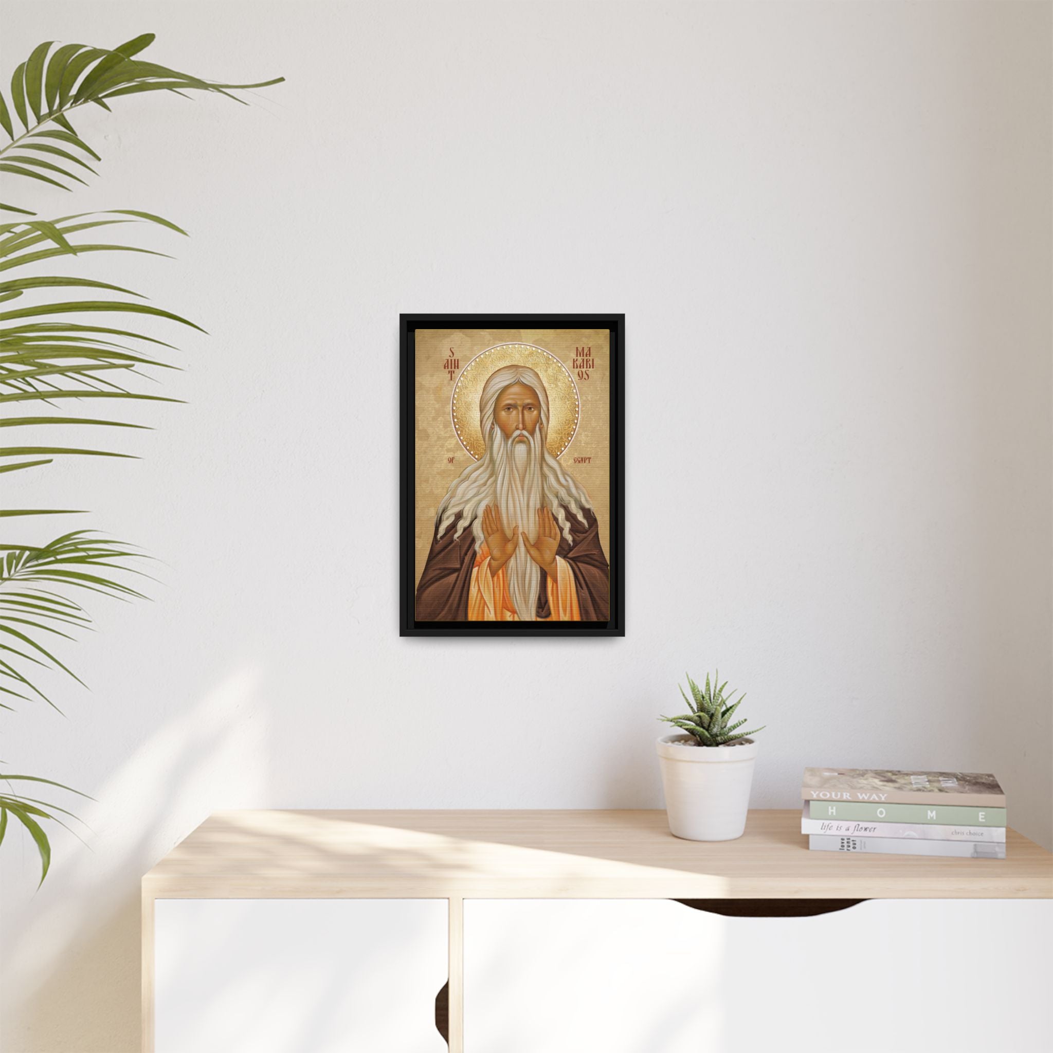 Framed canvas icon of Saint Macarius of Egypt, traditional Orthodox Christian artwork