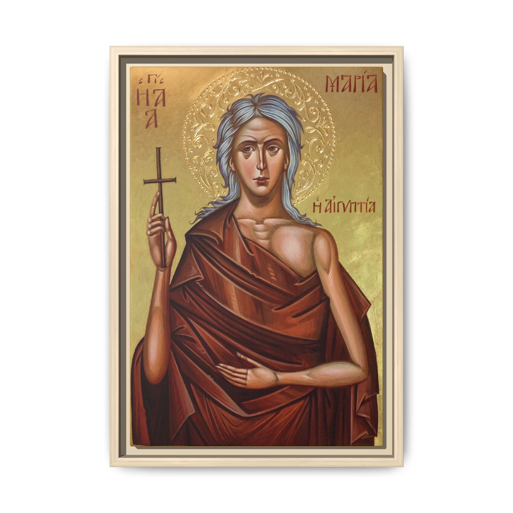 Framed canvas icon of Saint Mary of Egypt, traditional Orthodox Christian artwork