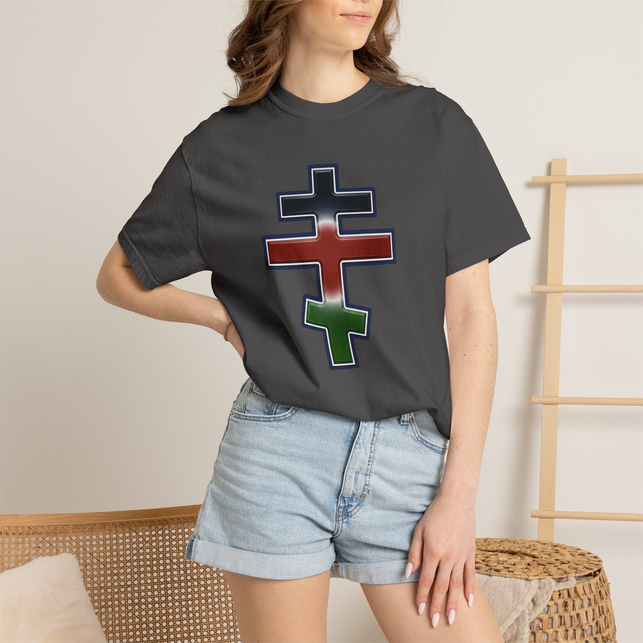 Kenyan Orthodox Cross design on a heavyweight garment-dyed t-shirt