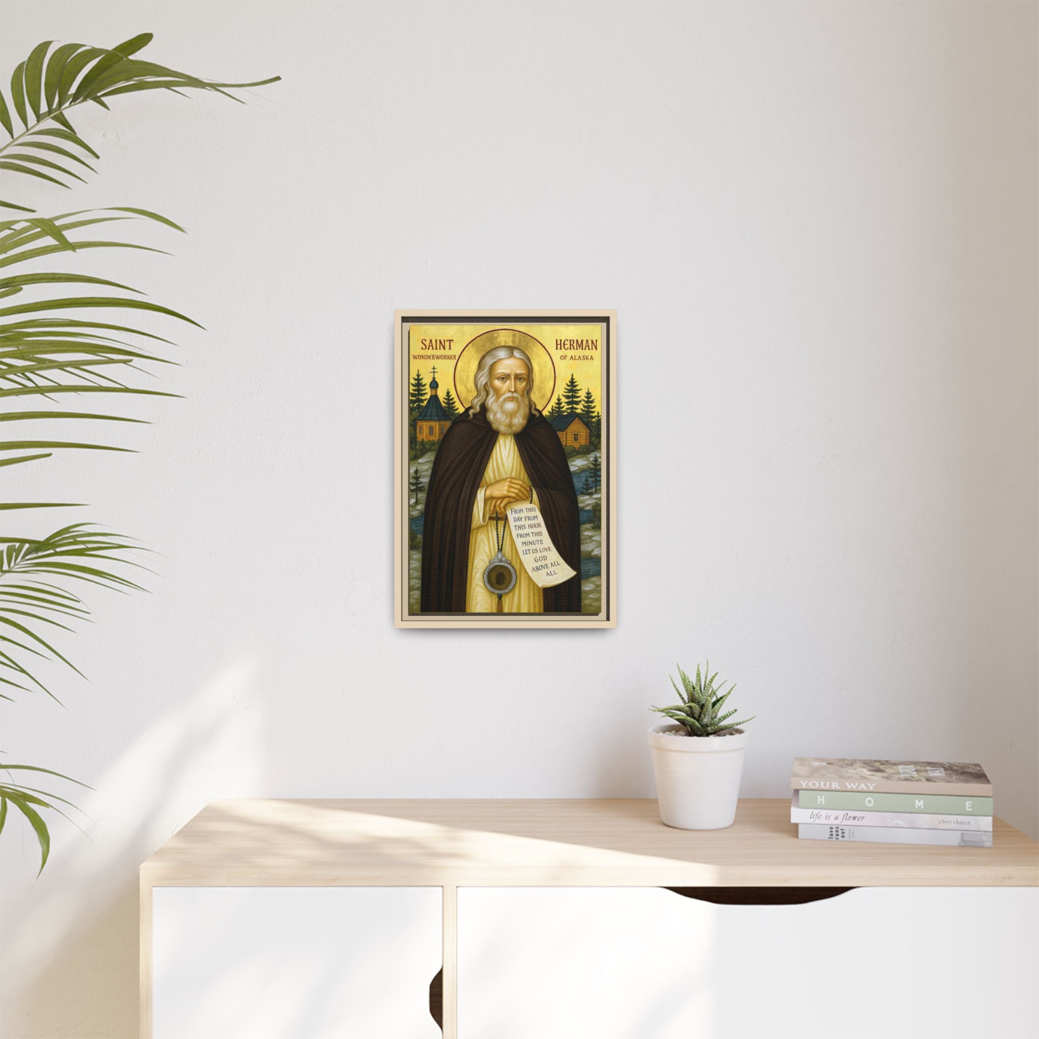Framed canvas icon of Saint Herman of Alaska, traditional Orthodox Christian artwork