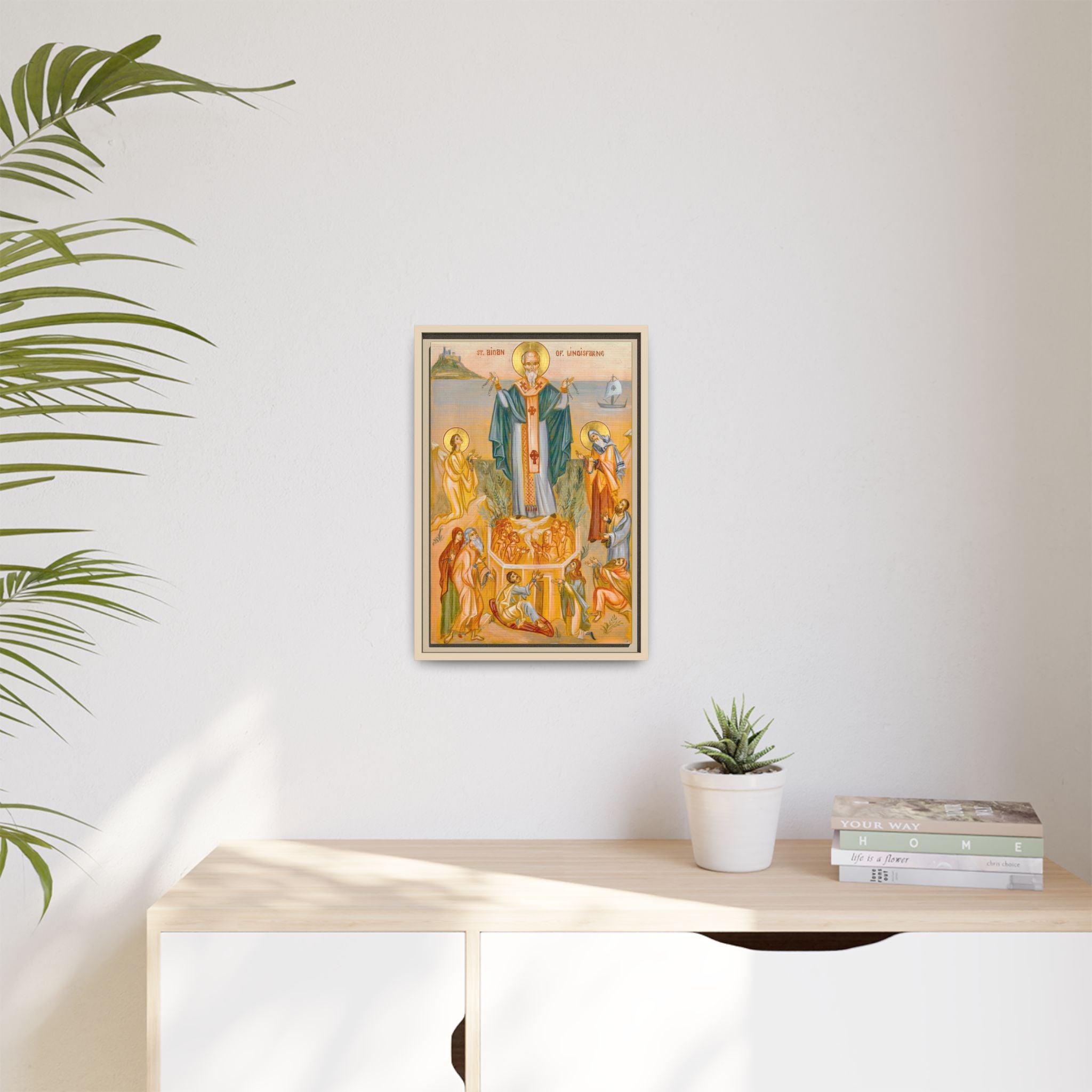 Framed canvas icon of Saint Aidan of Lindisfarne, traditional Orthodox Christian artwork