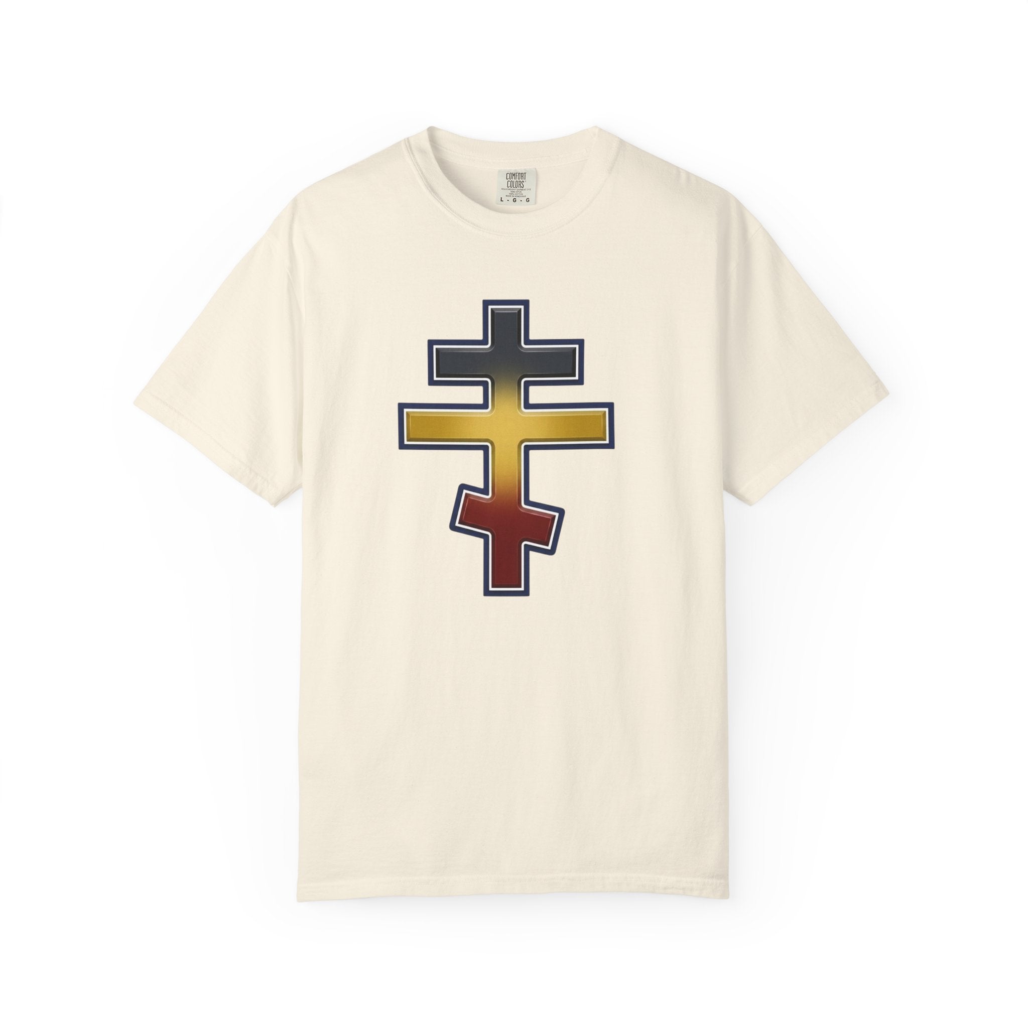 Ugandan Orthodox Cross design on a heavyweight garment-dyed t-shirt