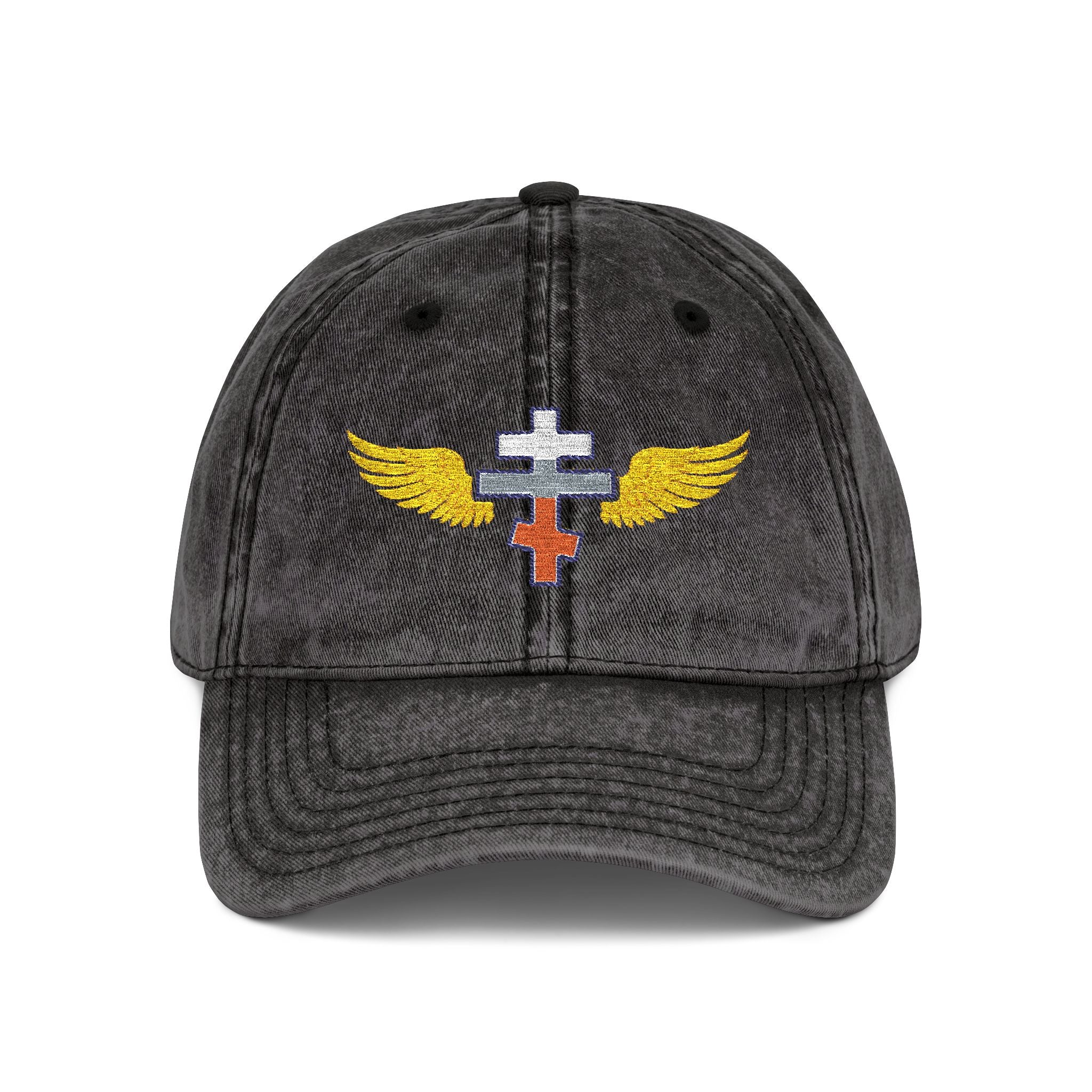 Slovak Orthodox cross with wings embroidered on vintage cotton twill cap