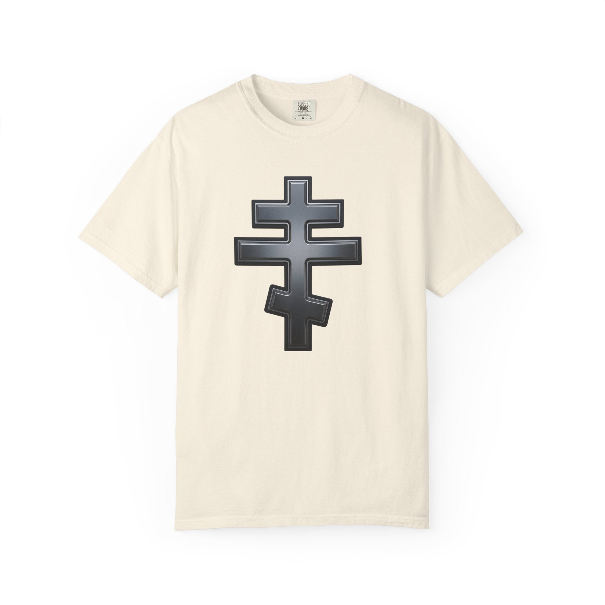 Classic black classic Orthodox cross design on a heavyweight garment-dyed t-shirt