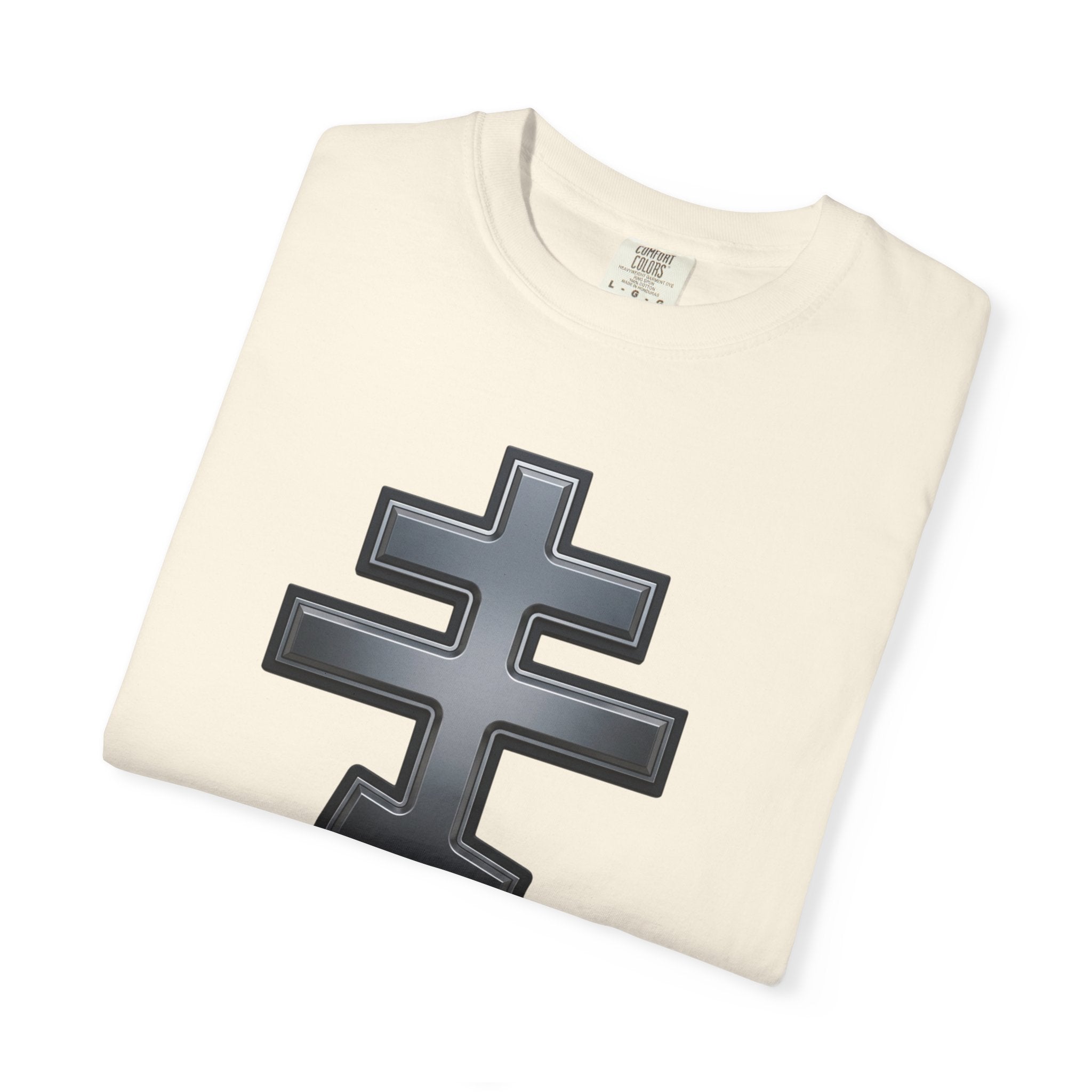 Classic black classic Orthodox cross design on a heavyweight garment-dyed t-shirt
