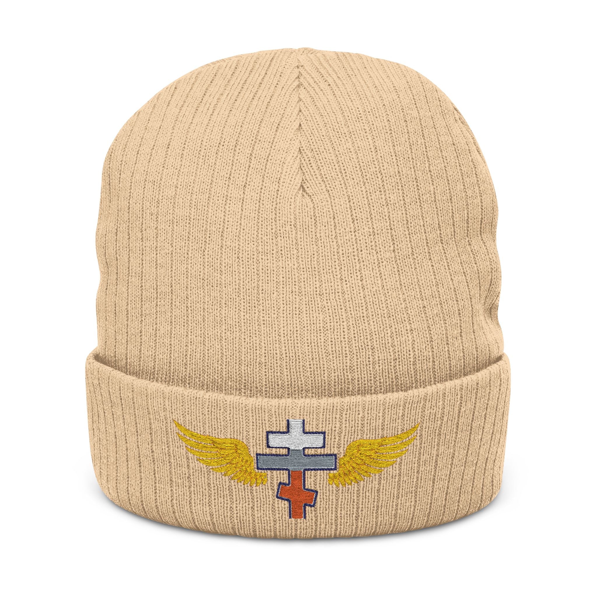 Slovak Orthodox cross with wings embroidered on ribbed knit beanie -- additional view 2