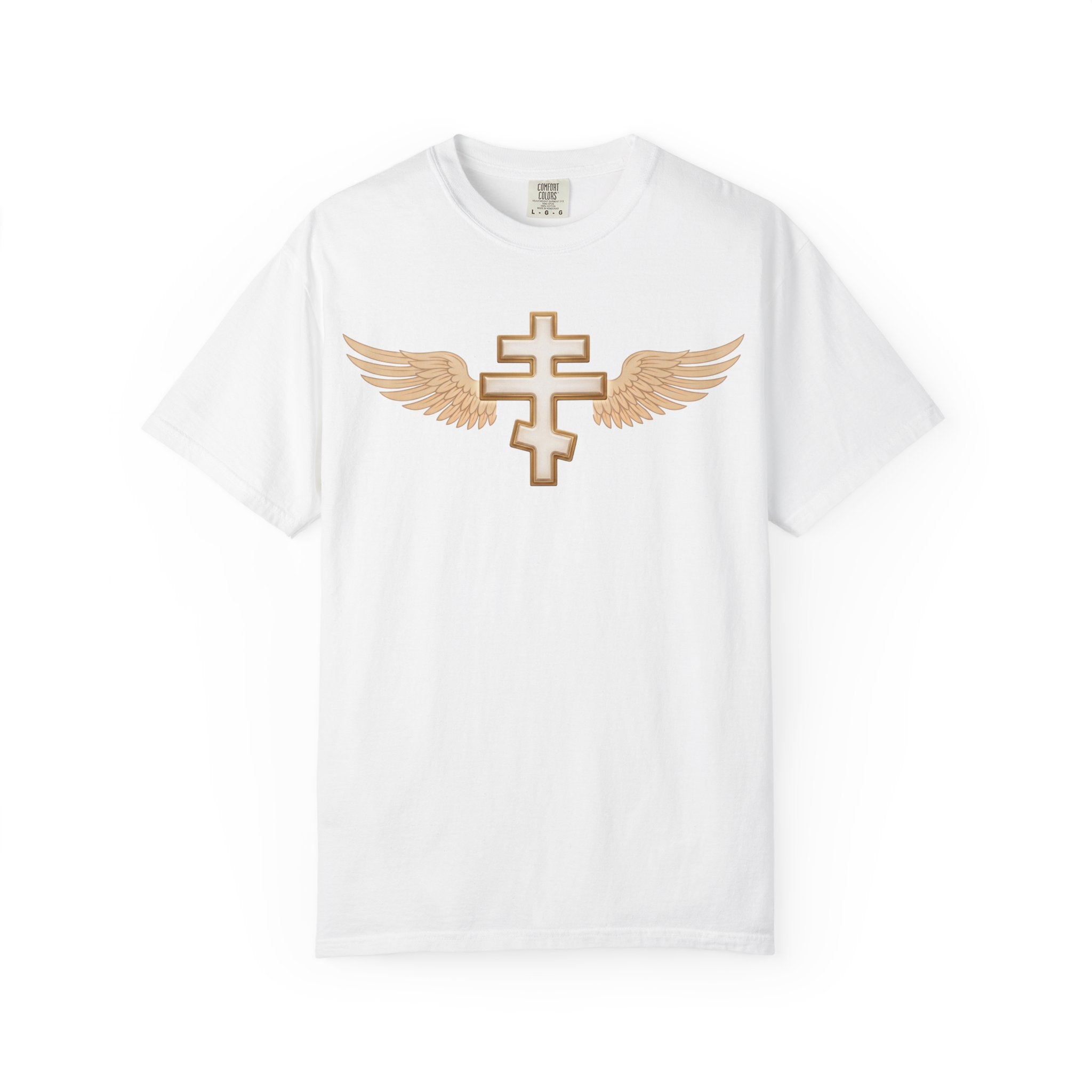 Classic white winged classic Orthodox cross design on a heavyweight garment-dyed t-shirt