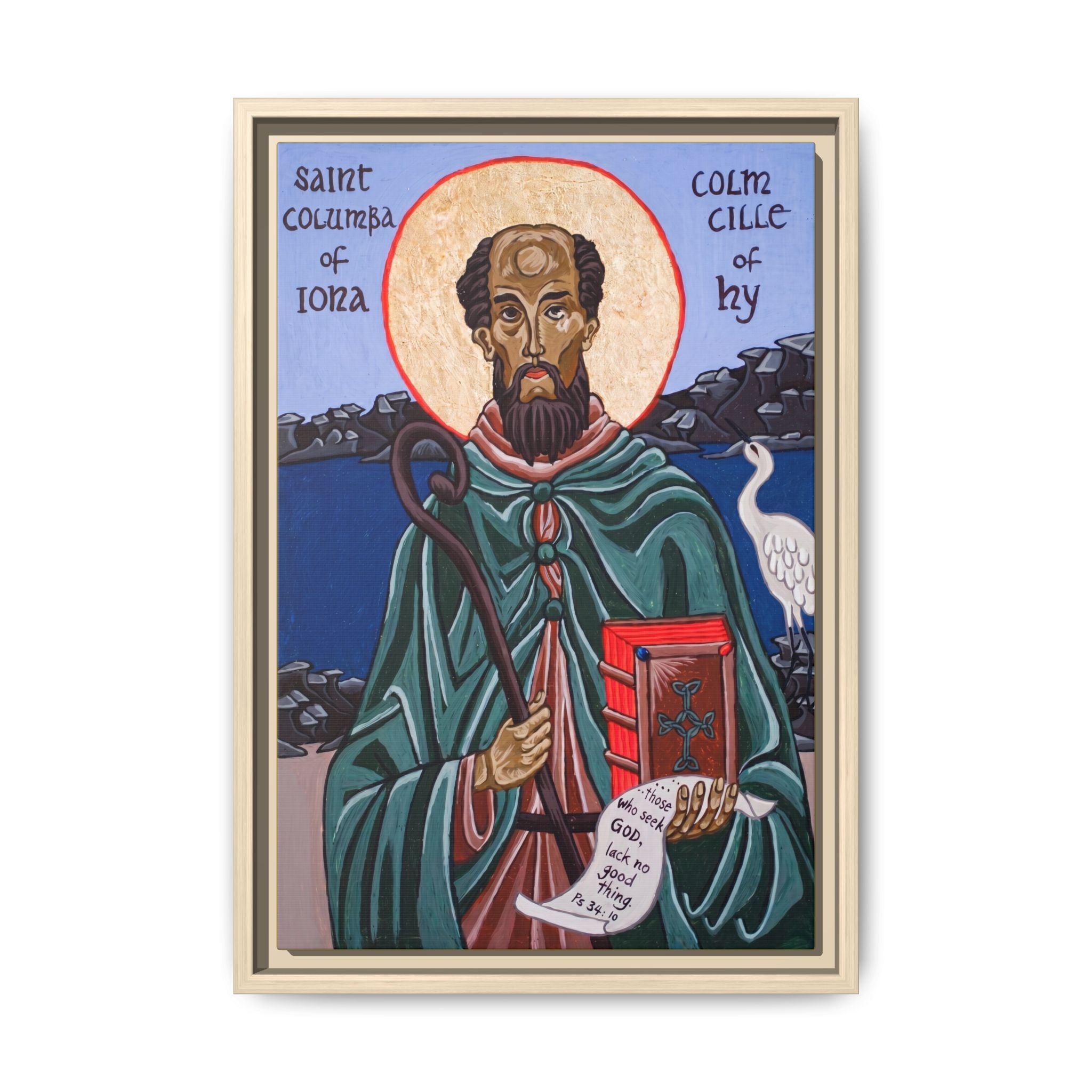 Framed canvas icon of Saint Columba of Iona, traditional Orthodox Christian artwork
