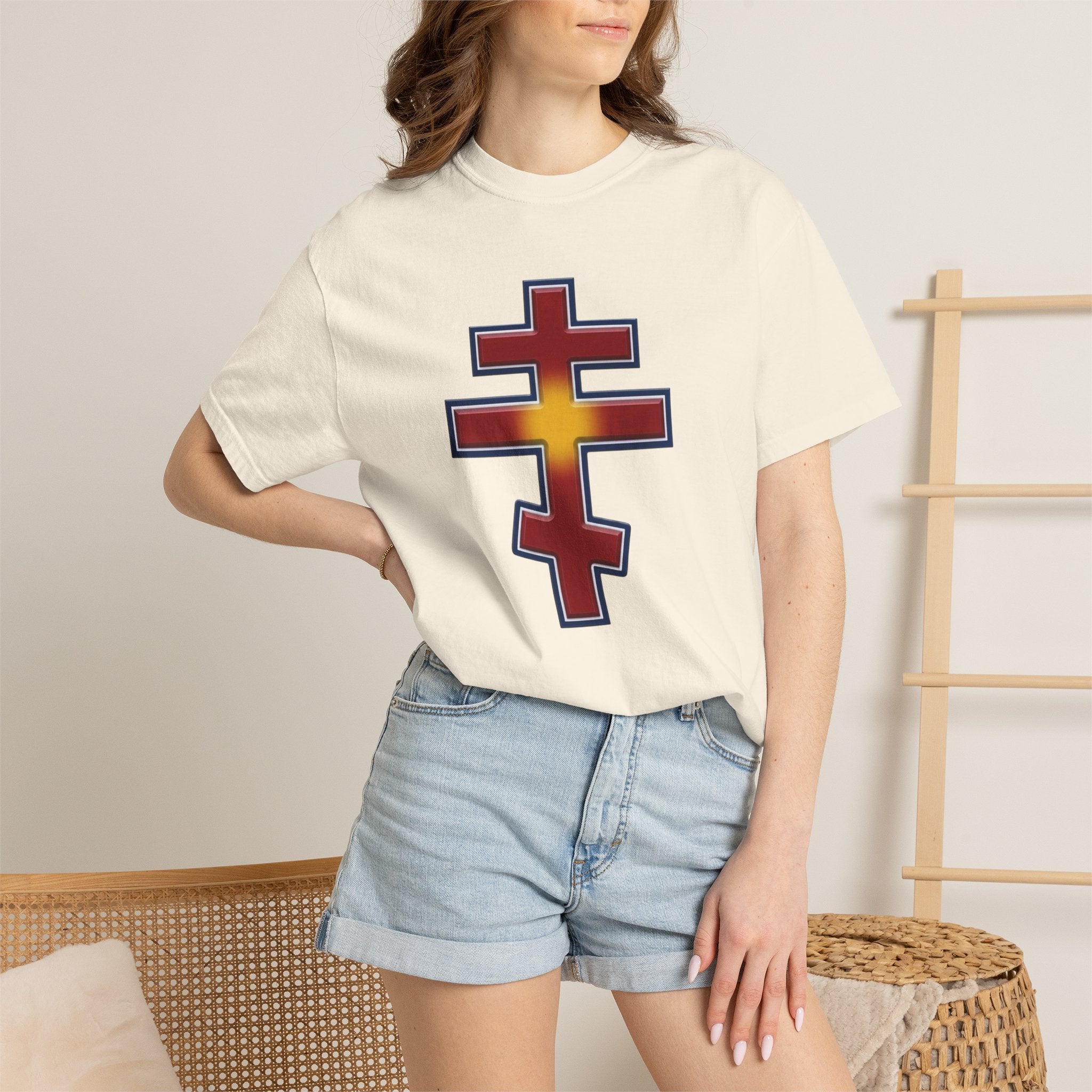 North Macedonian Orthodox Cross design on a heavyweight garment-dyed t-shirt