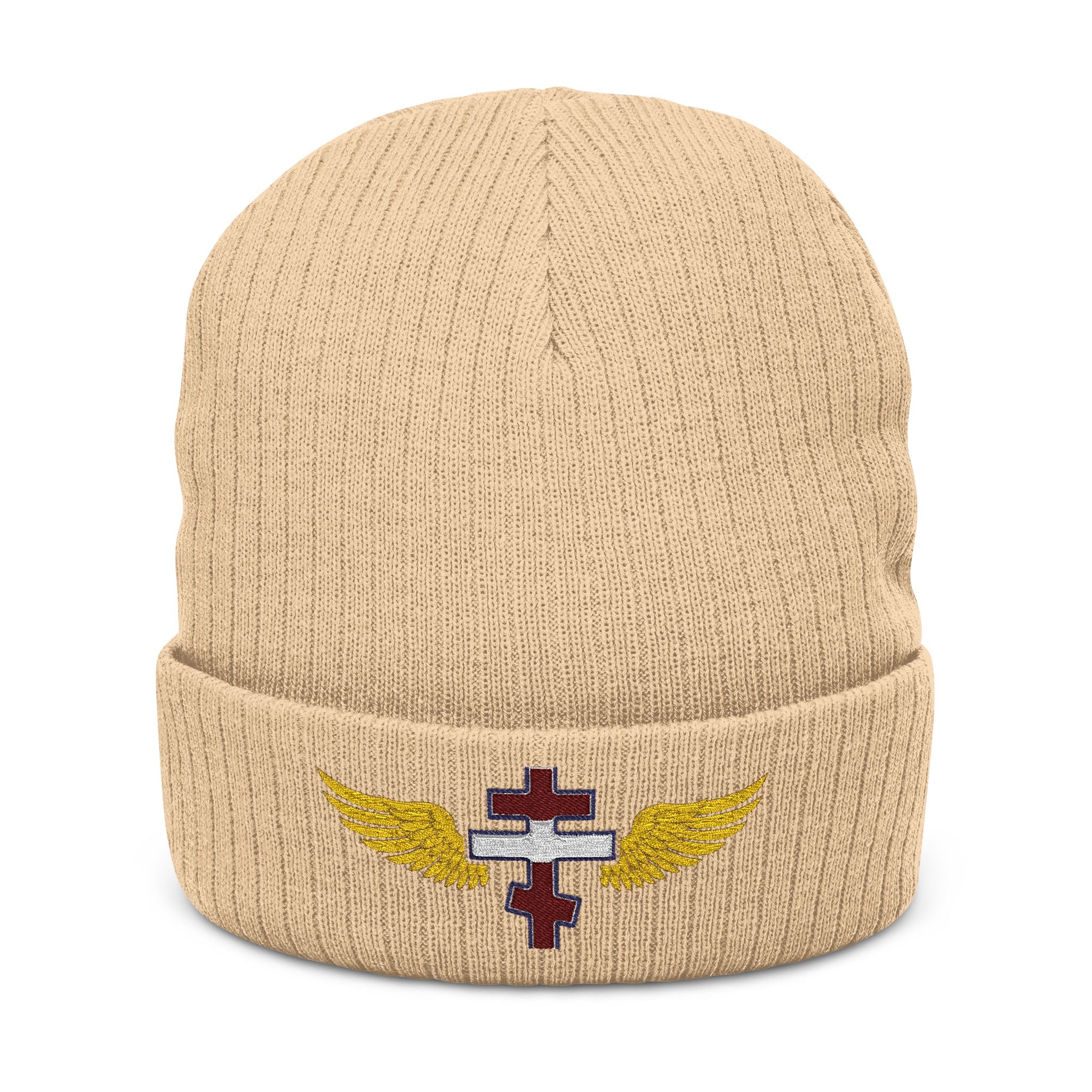 Lebanese Orthodox cross with wings embroidered on ribbed knit beanie -- additional view 2