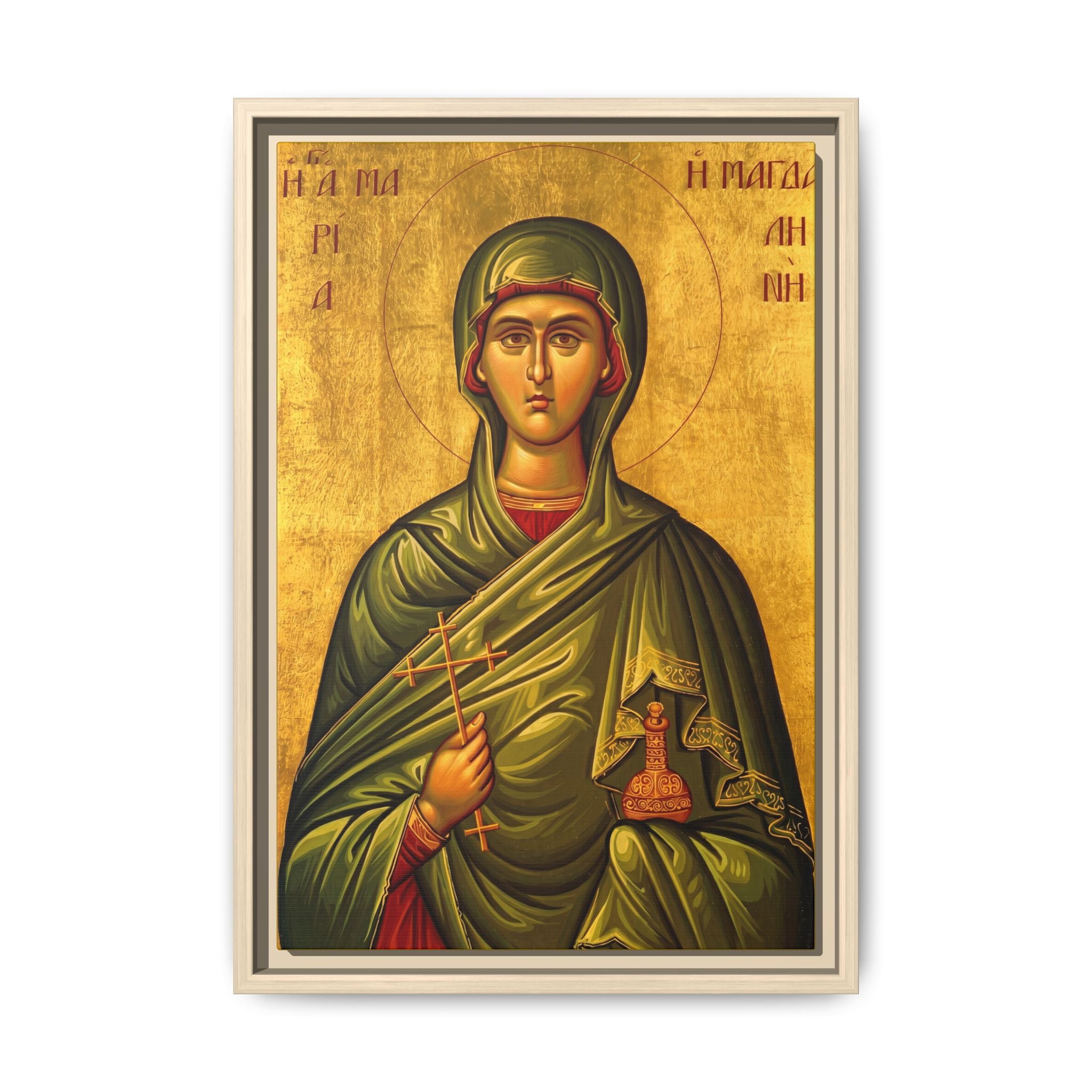Framed canvas icon of Saint Mary Magdalene, traditional Orthodox Christian artwork