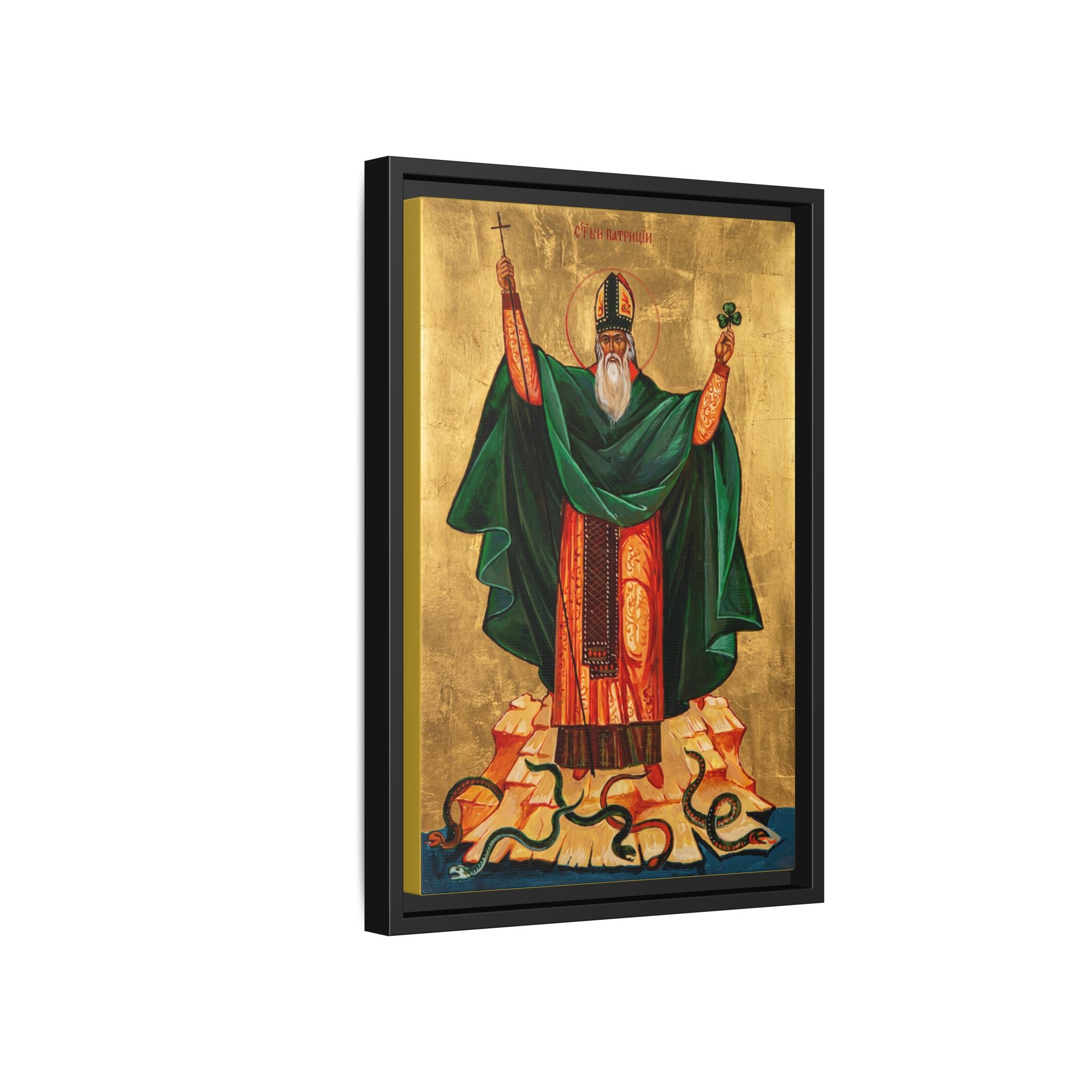 Framed canvas icon of Saint Patrick of Ireland, traditional Orthodox Christian artwork