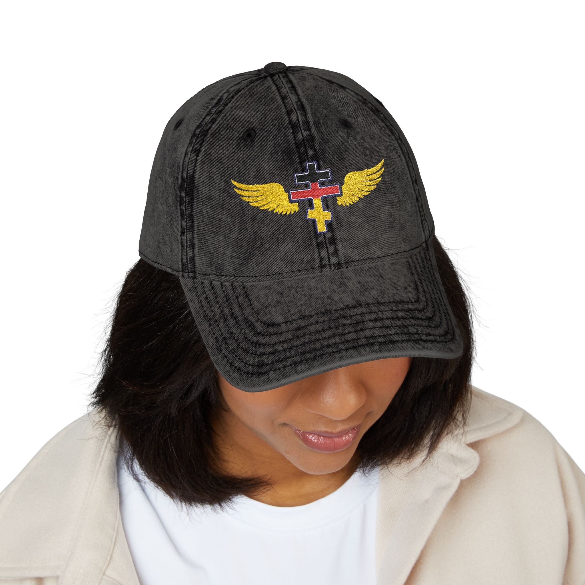 German Orthodox cross with wings embroidered on vintage cotton twill cap -- additional view 9