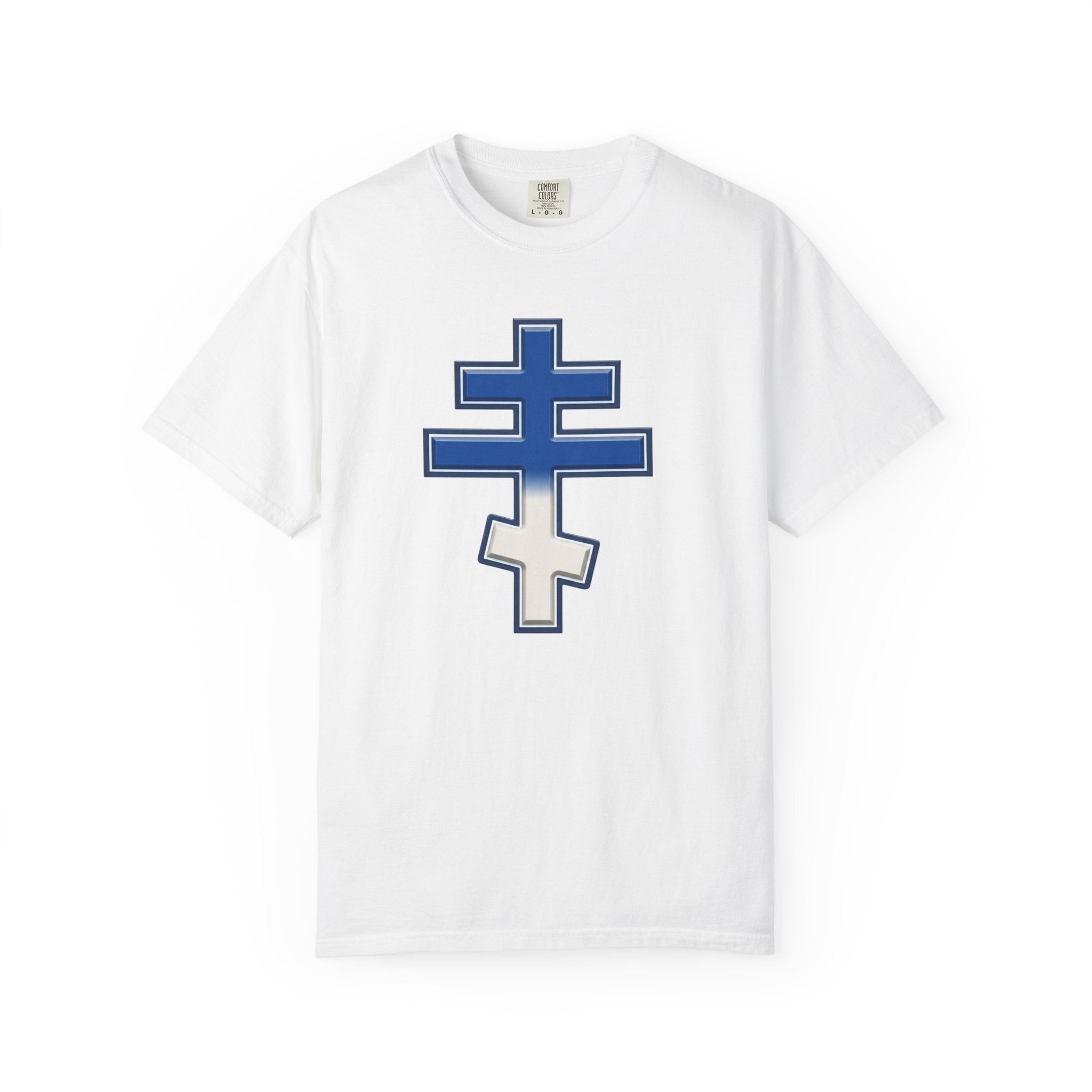Greek Orthodox Cross design on a heavyweight garment-dyed t-shirt