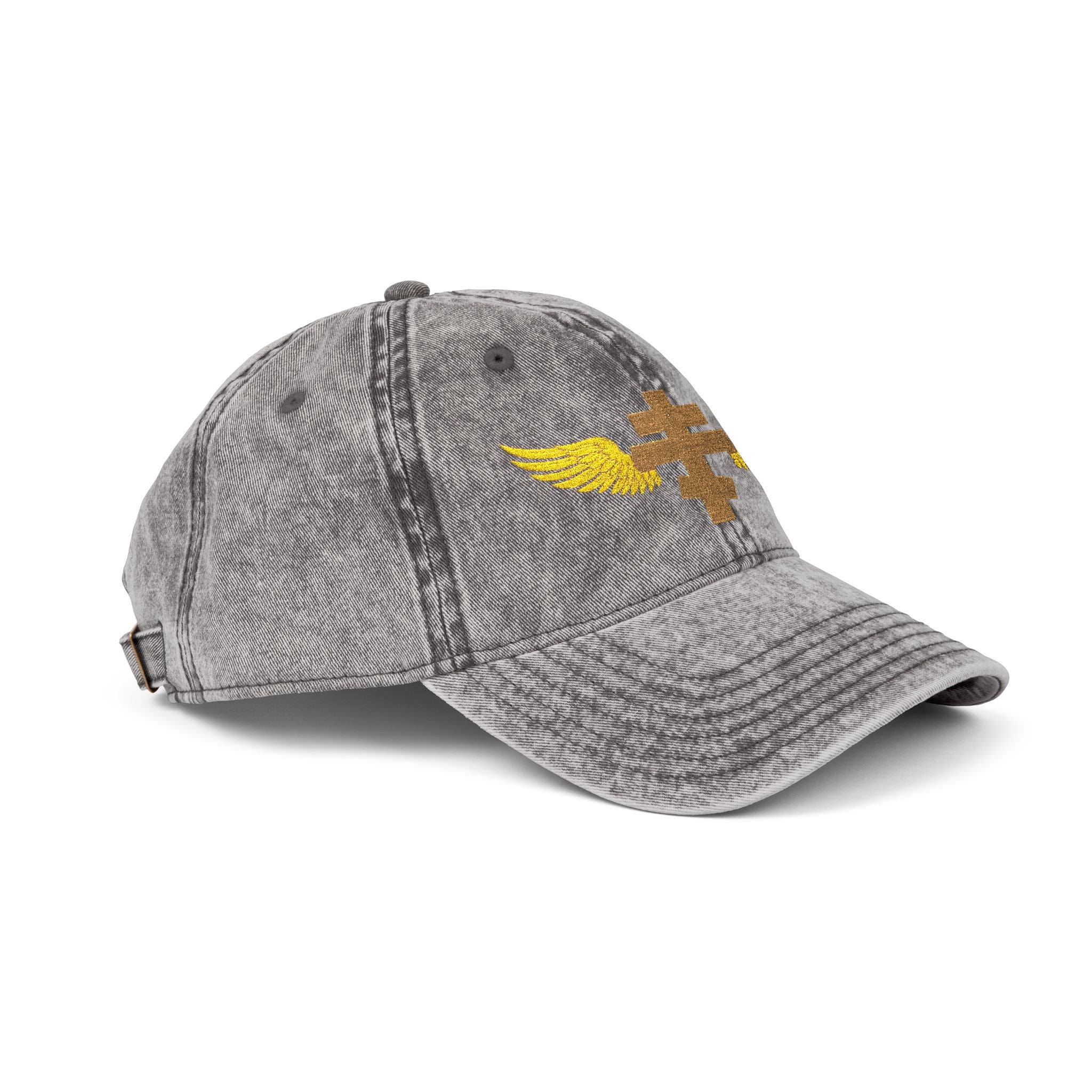 Gold Orthodox cross with wings embroidered on vintage cotton twill cap -- additional view 8