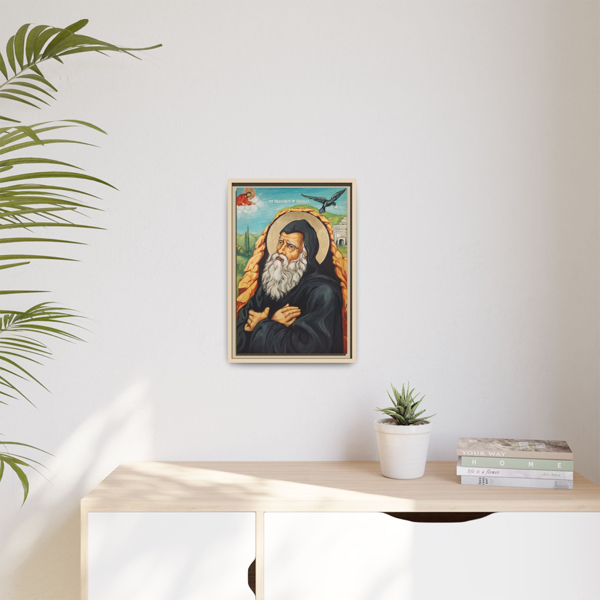 Framed canvas icon of Saint Benedict of Nursia, traditional Orthodox Christian artwork