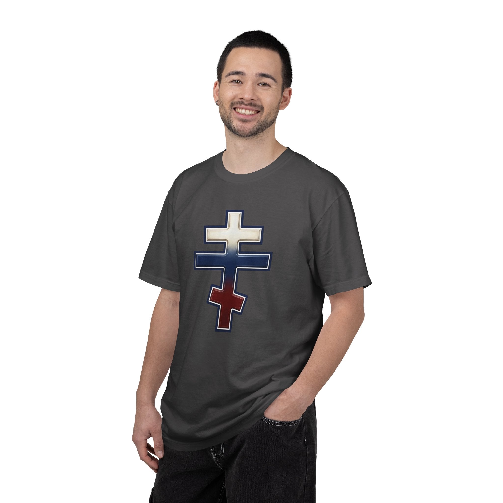 Russian Orthodox Cross design on a heavyweight garment-dyed t-shirt