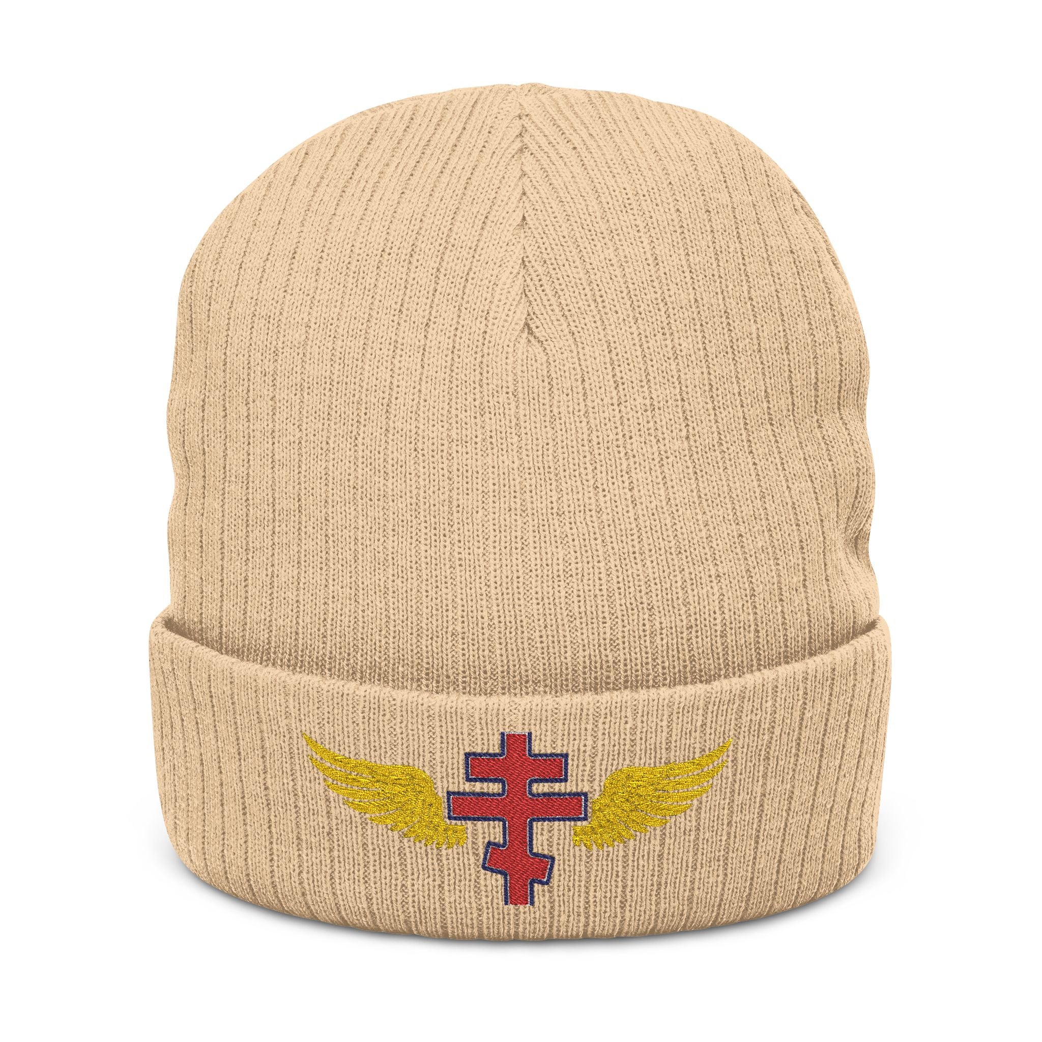 Latvian Orthodox cross with wings embroidered on ribbed knit beanie -- additional view 2