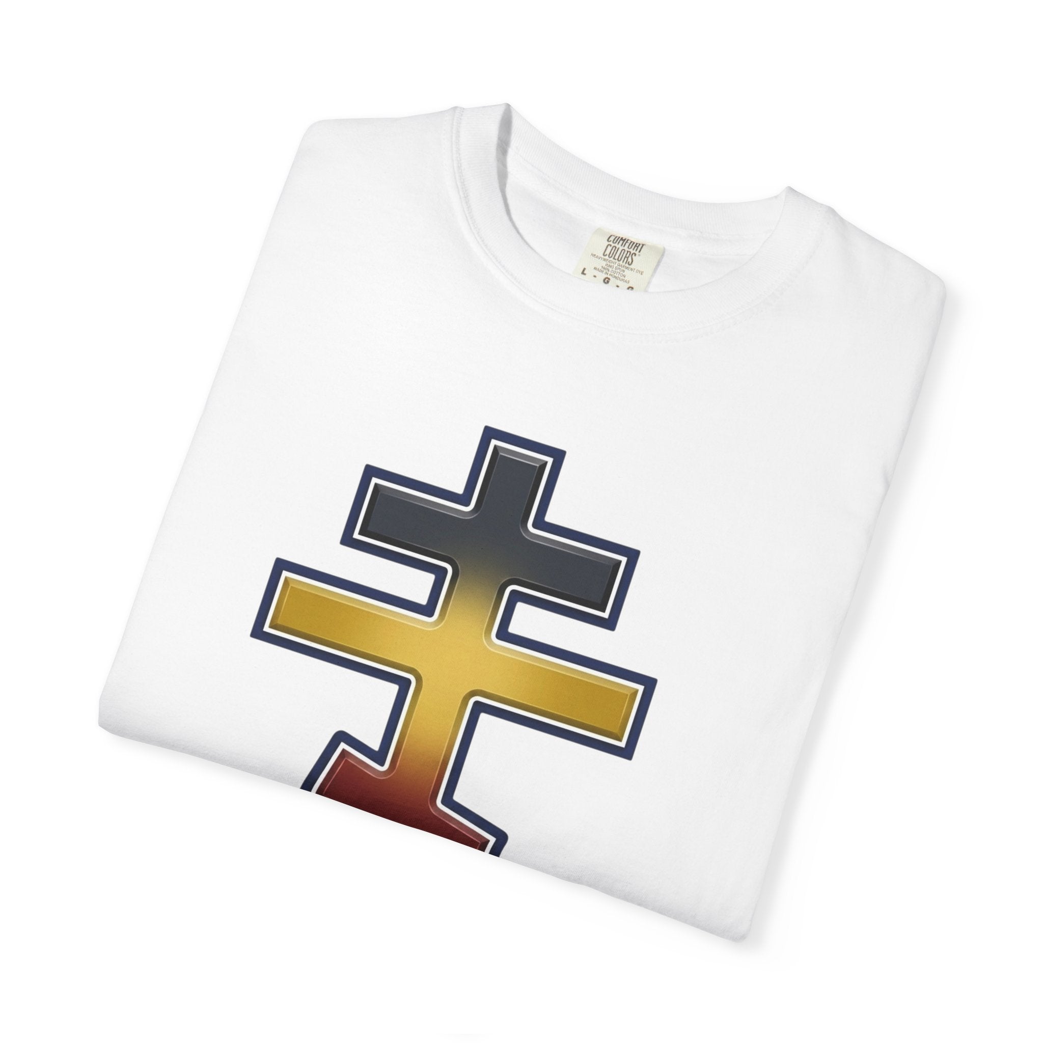 Ugandan Orthodox Cross design on a heavyweight garment-dyed t-shirt