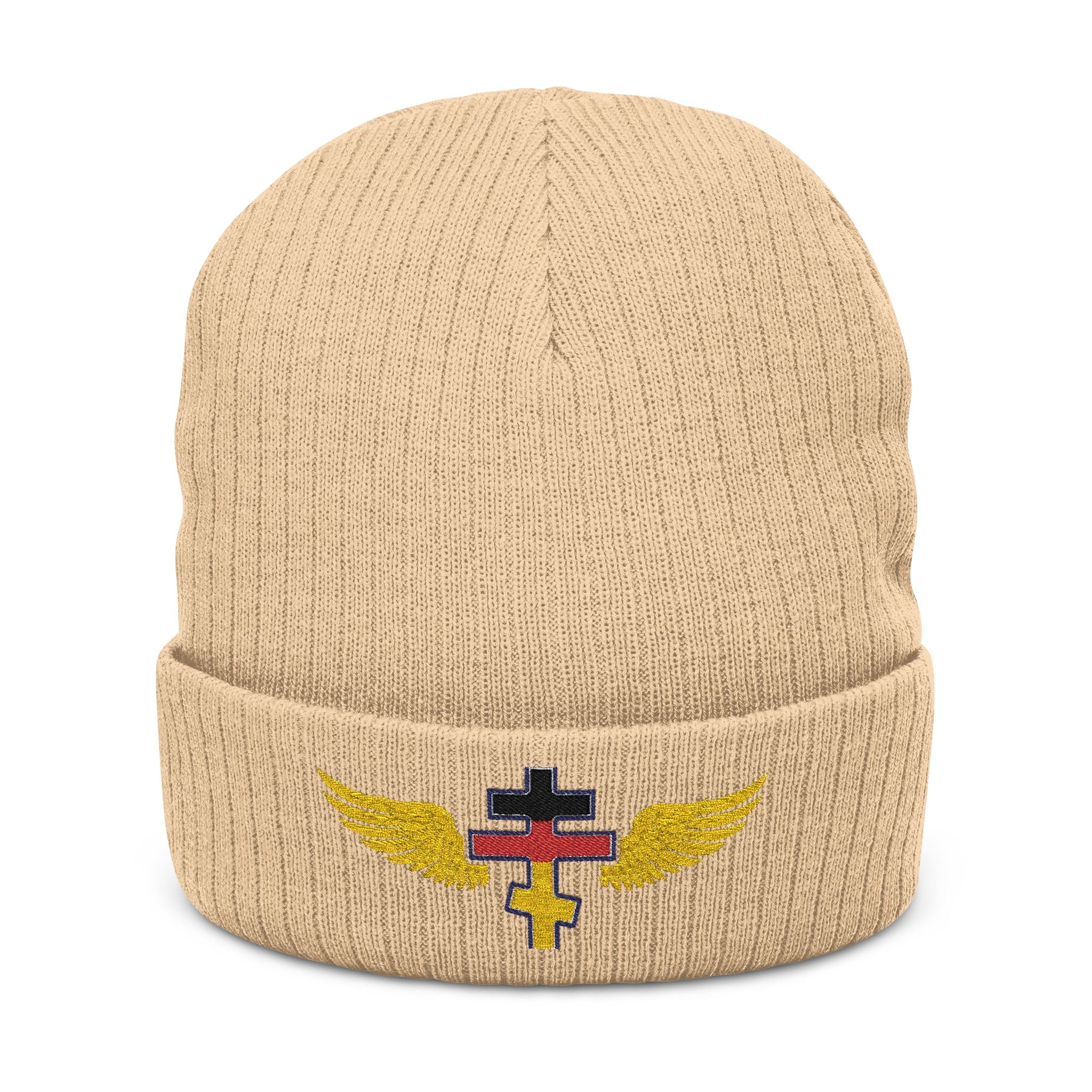 German Orthodox cross with wings embroidered on ribbed knit beanie -- additional view 2