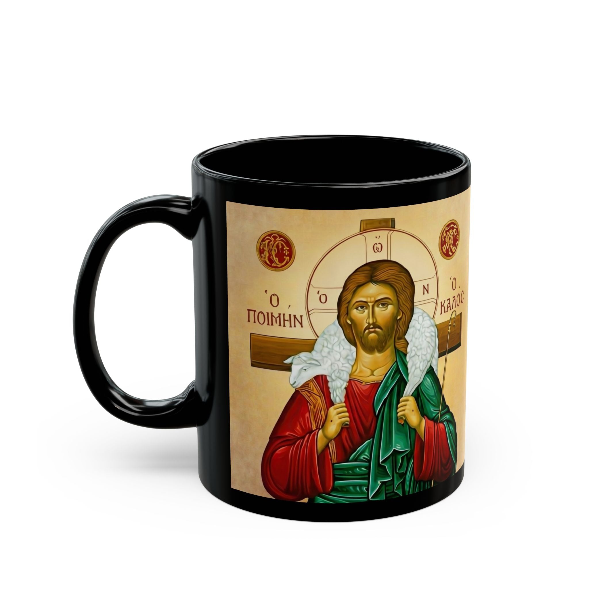 Christ the Good Shepherd Orthodox Christian Black Coffee Mug — Orthodox Christian Gift
