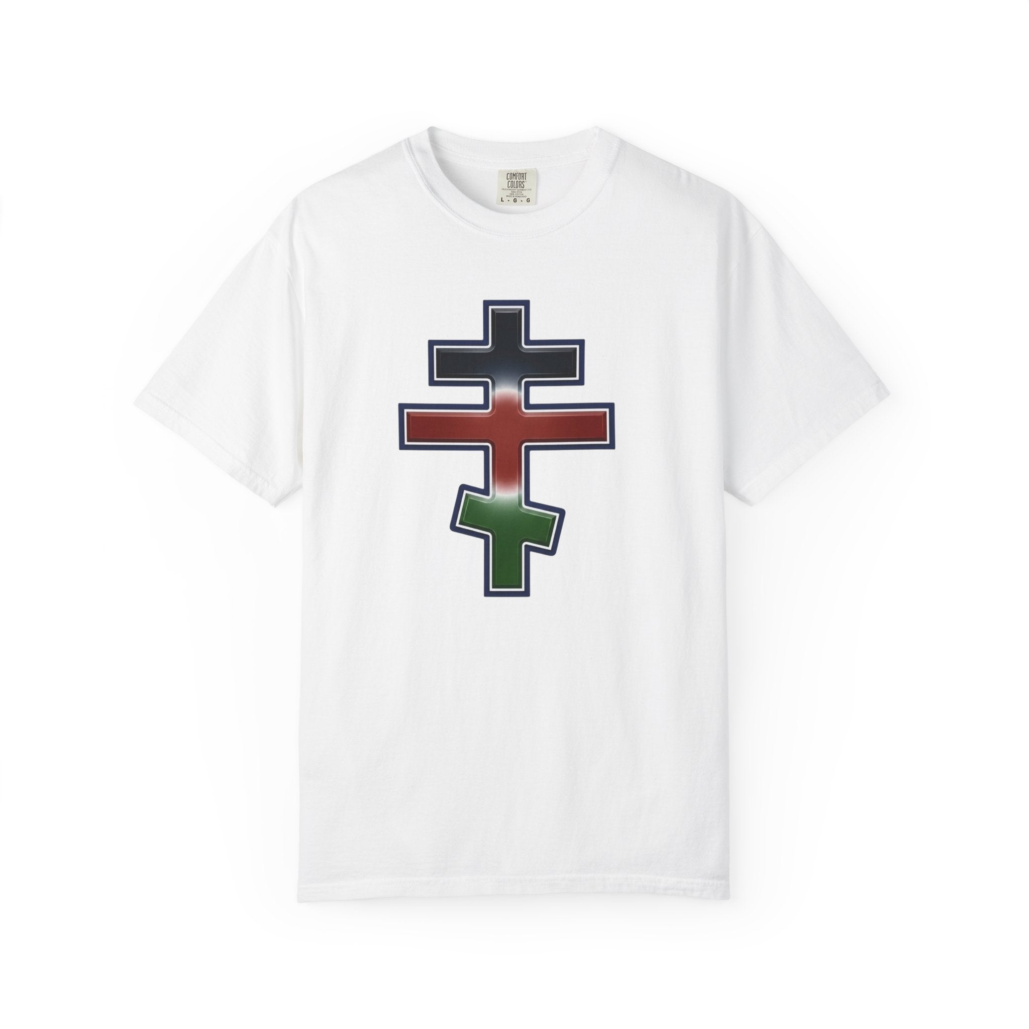 Kenyan Orthodox Cross design on a heavyweight garment-dyed t-shirt