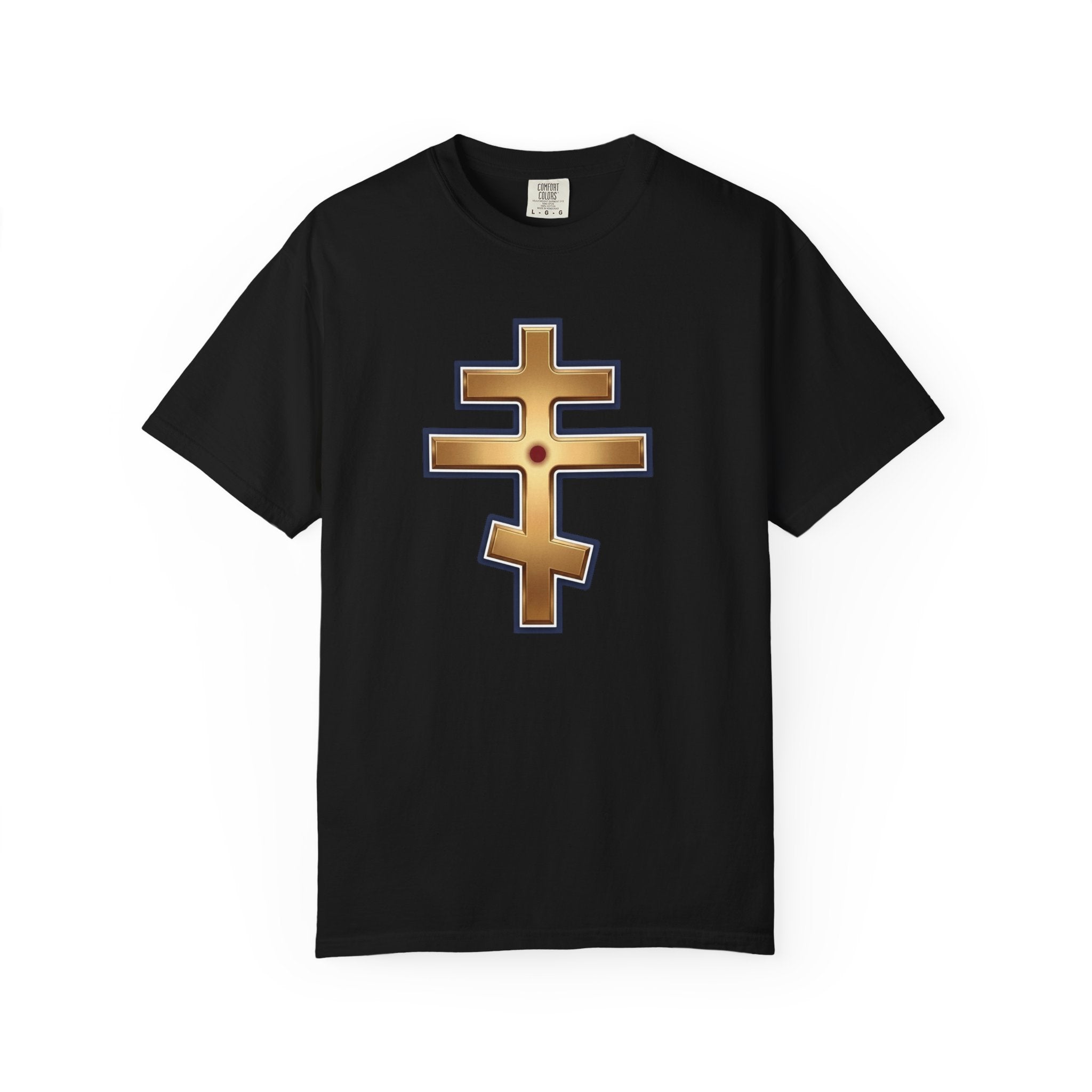Jerusalem Orthodox Cross design on a heavyweight garment-dyed t-shirt