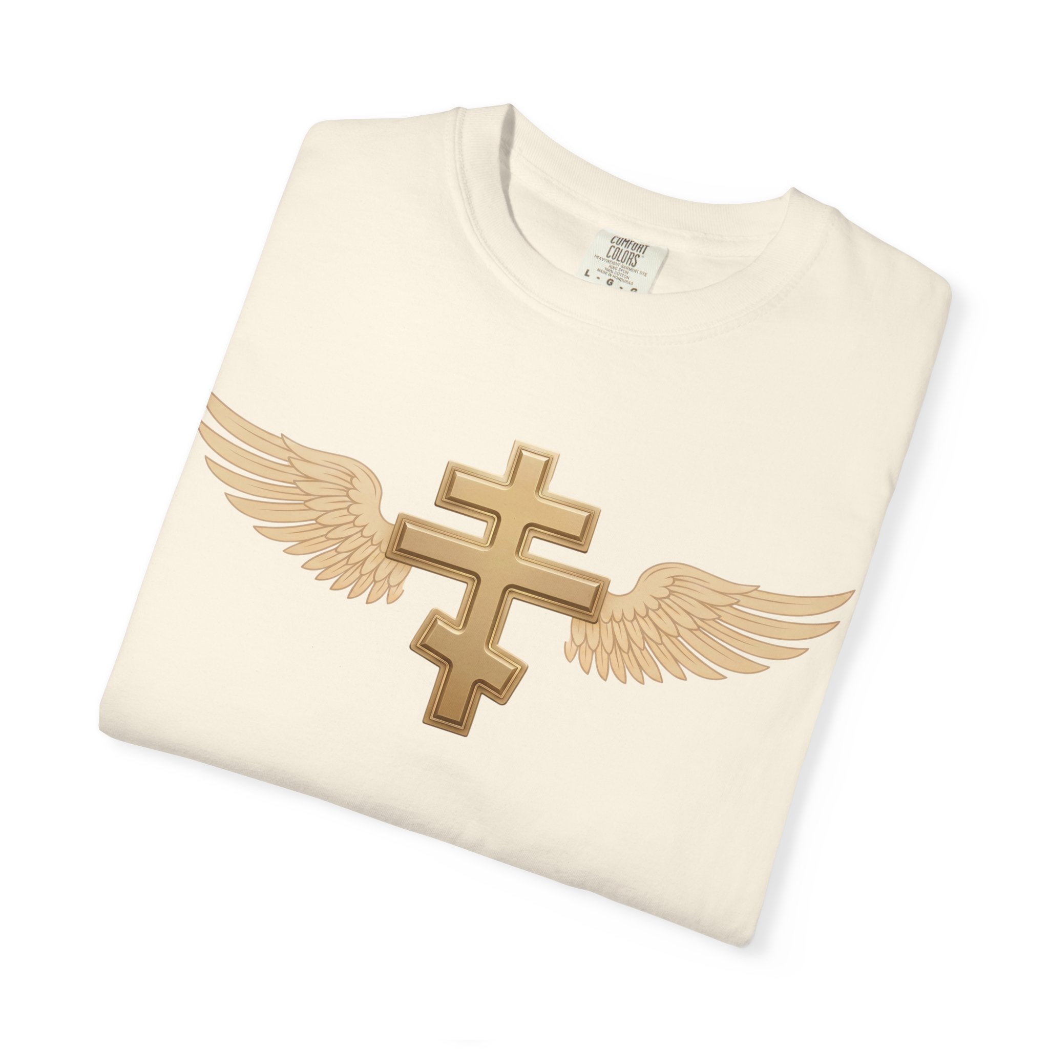 Classic gold winged classic Orthodox cross design on a heavyweight garment-dyed t-shirt