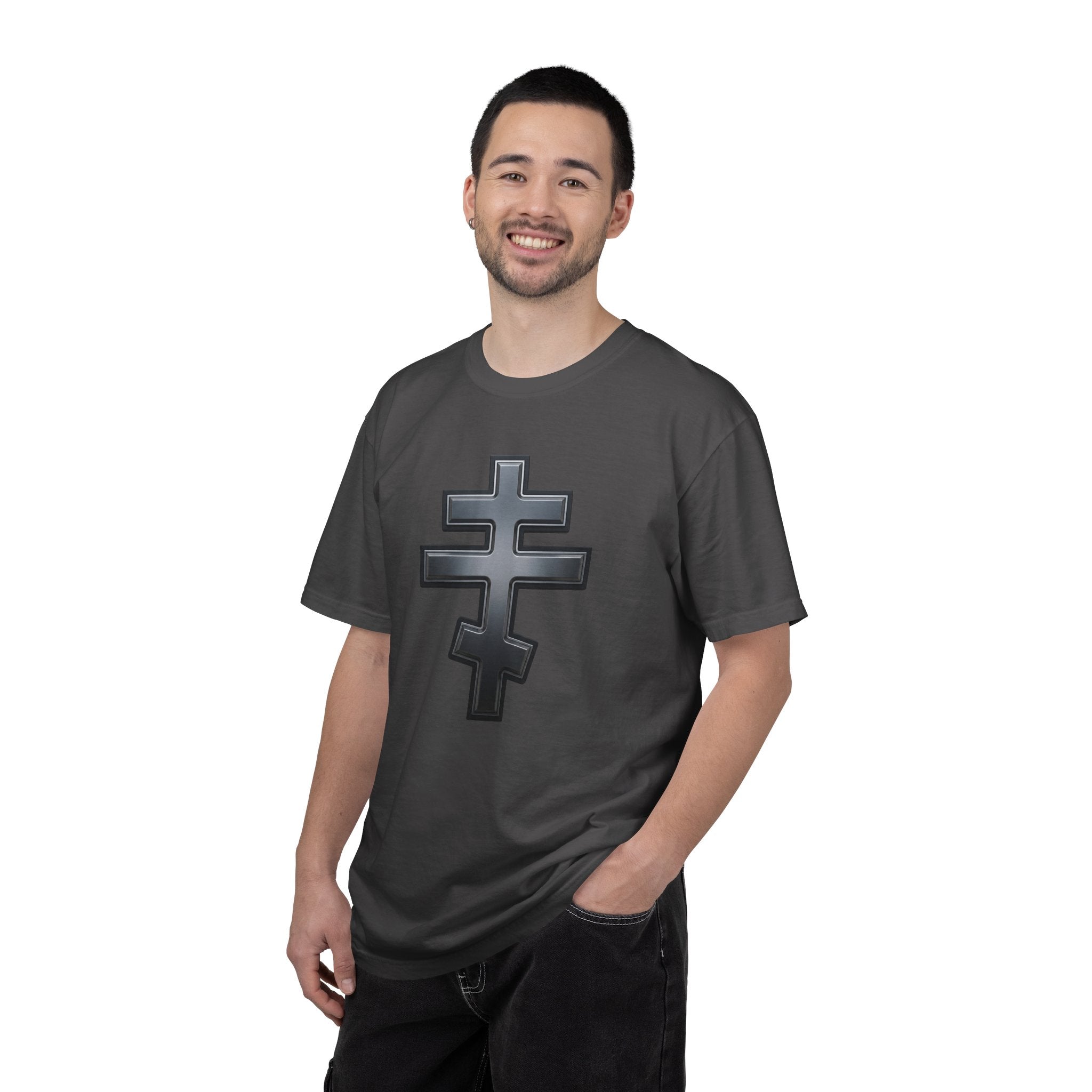 Classic black classic Orthodox cross design on a heavyweight garment-dyed t-shirt